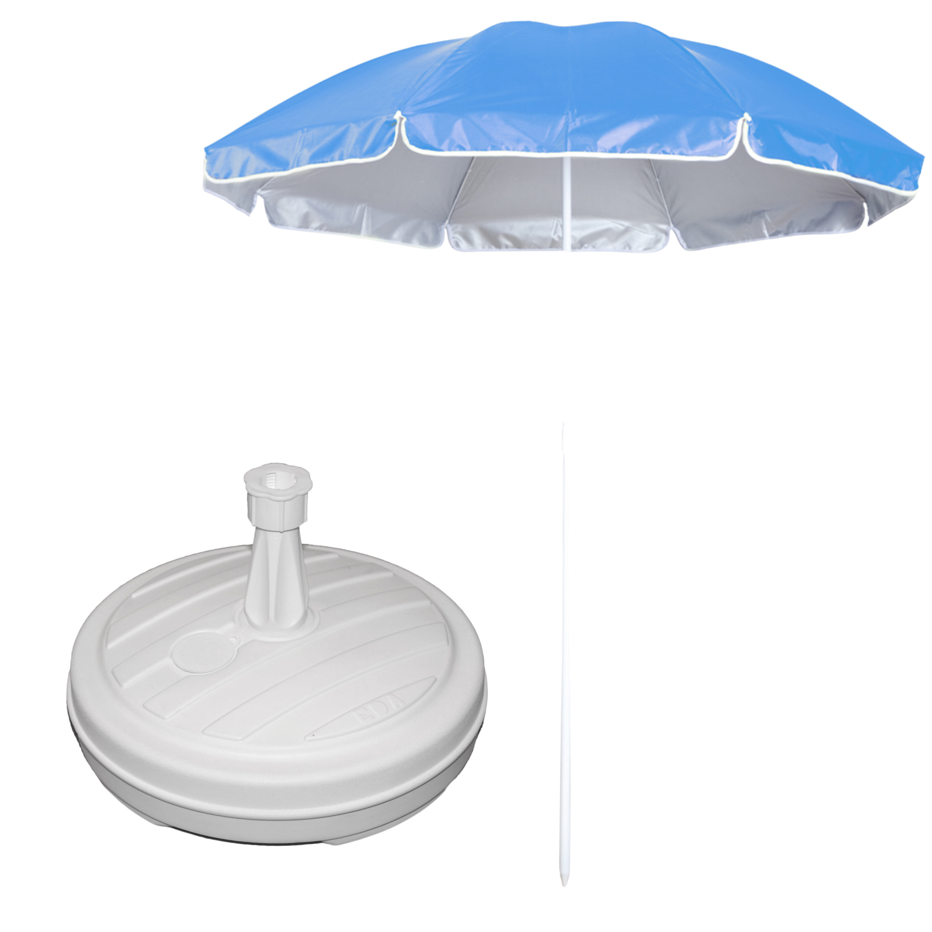 Merkloos Tuin parasol - met vulbare parasolvoet in wit - doek blauw - D150 cm - polyester -