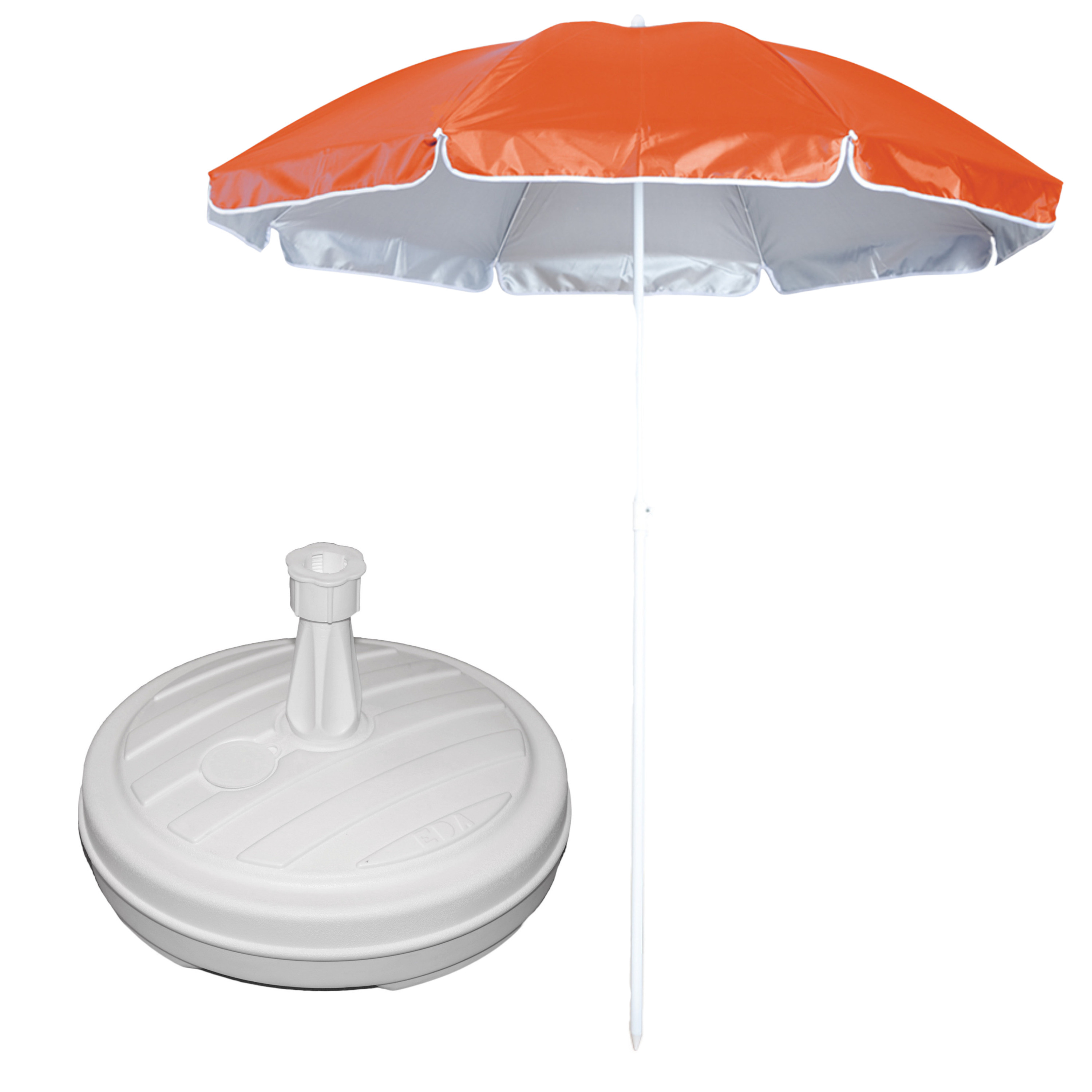 Merkloos Tuin parasol - met vulbare parasolvoet in wit - doek oranje - D150 cm - polyester -