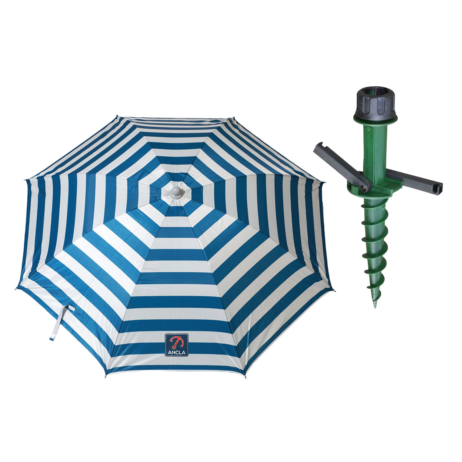 Merkloos Parasol met dikke grondharing - blauw/wit gestreept - polyester - Dia 180 cm - voor het strand -