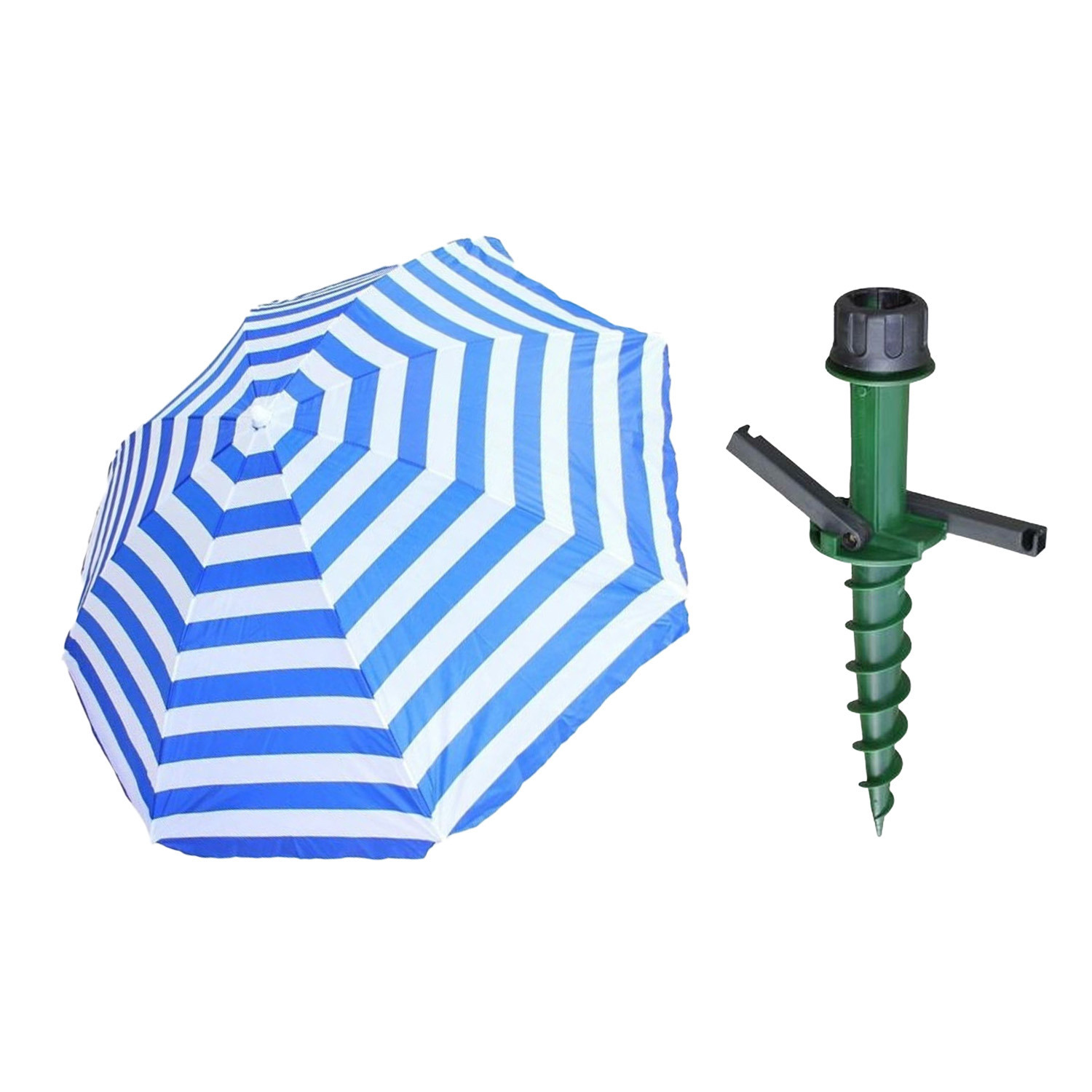 Merkloos Parasol met dikke grondharing - blauw/wit mix - polyester - Dia 165 cm - voor het strand - Zomers -