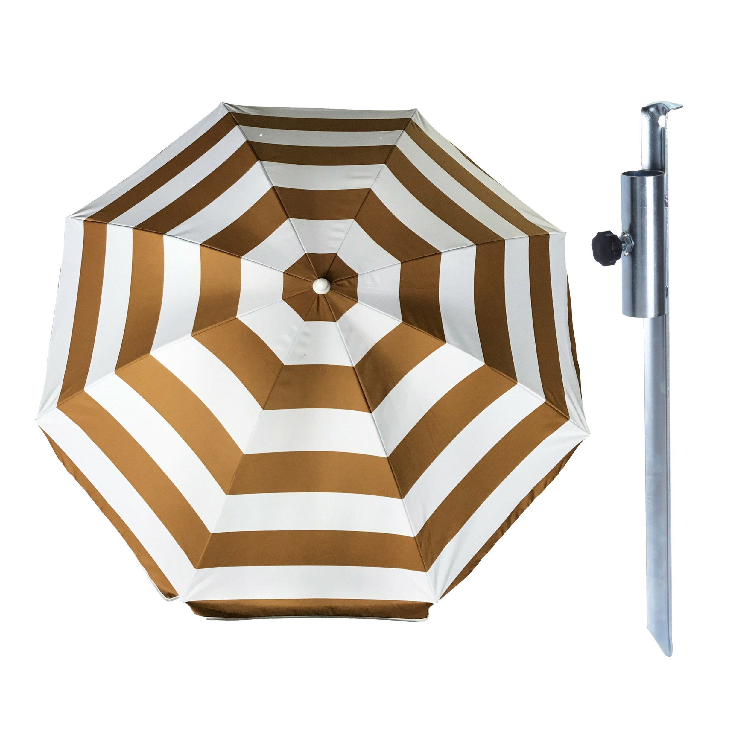 Merkloos Parasol met metalen grondharing - goud/wit gestreept - polyester - Dia 160 cm - verstelbaar -