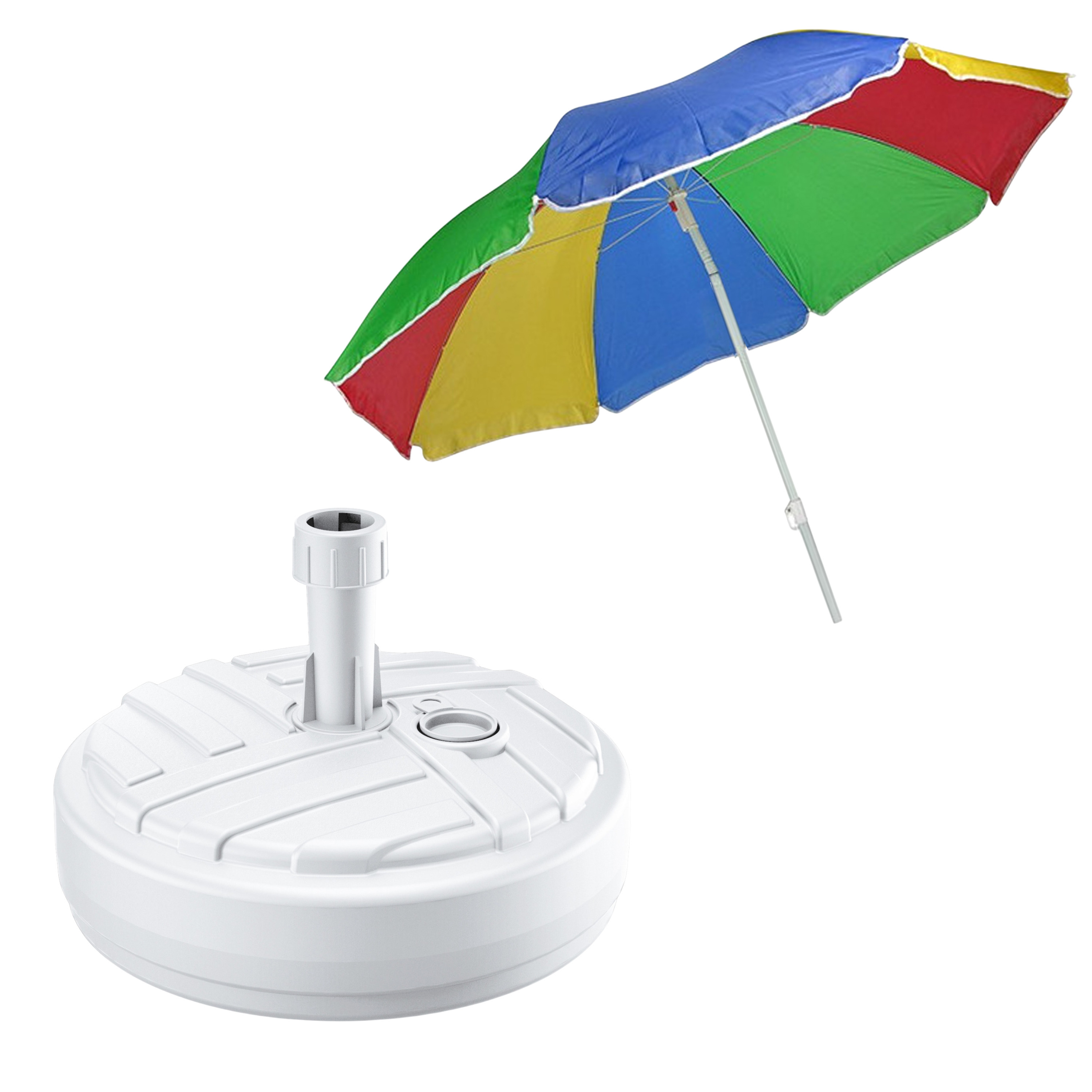 Merkloos Tuin parasol met voet van 10 liter - multi kleuren strepen - polyester/kunststof - Dia 180 cm -