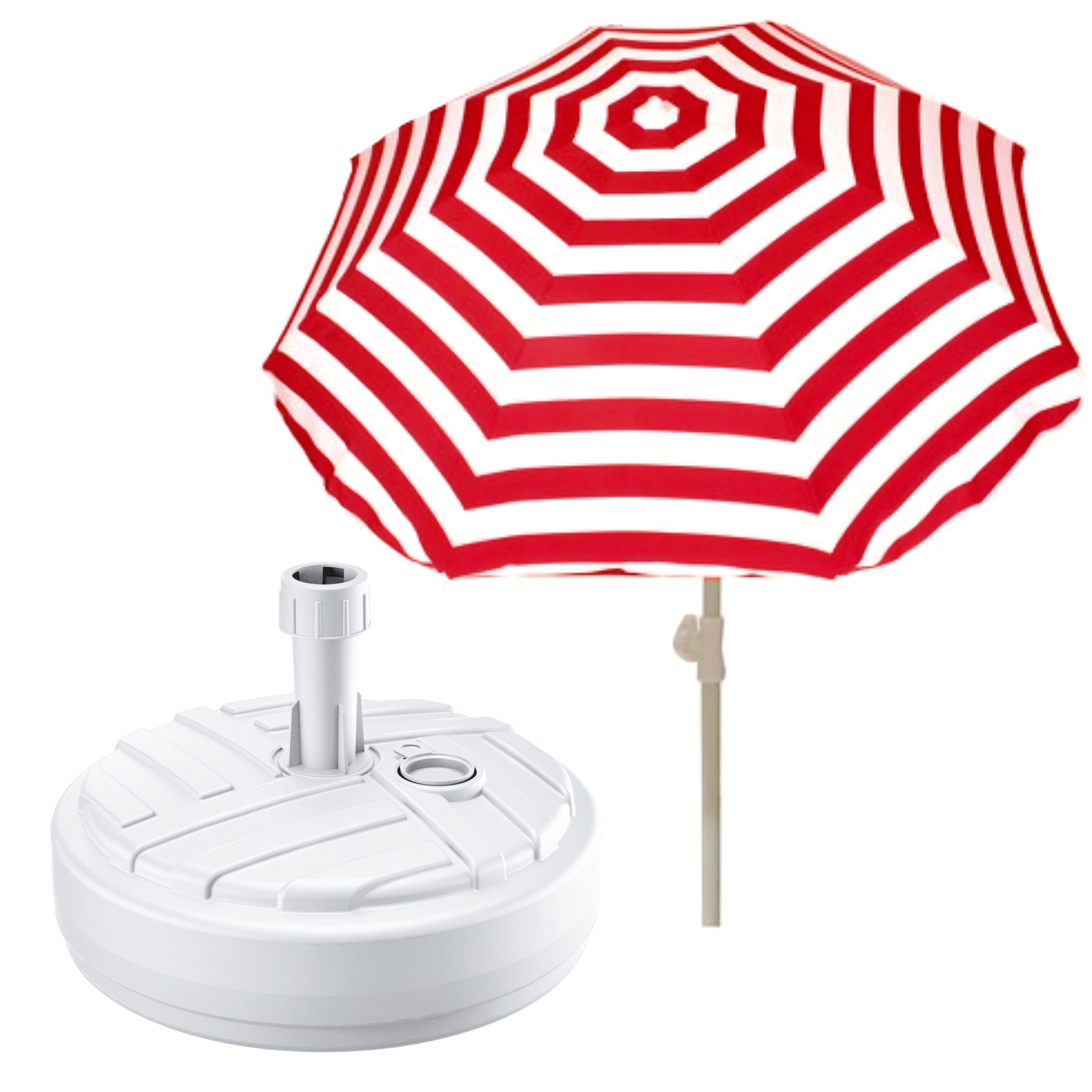 Merkloos Tuin parasol met voet van 10 liter - rood/wit strepen - polyester/kunststof - Dia 180 cm -