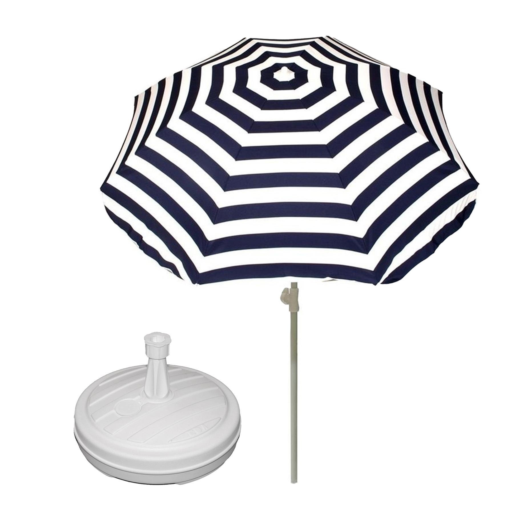 Merkloos Parasol met voet van 12 liter - blauw/wit gestreept - polyester/kunststof - Dia 180 cm - verstelbaar -