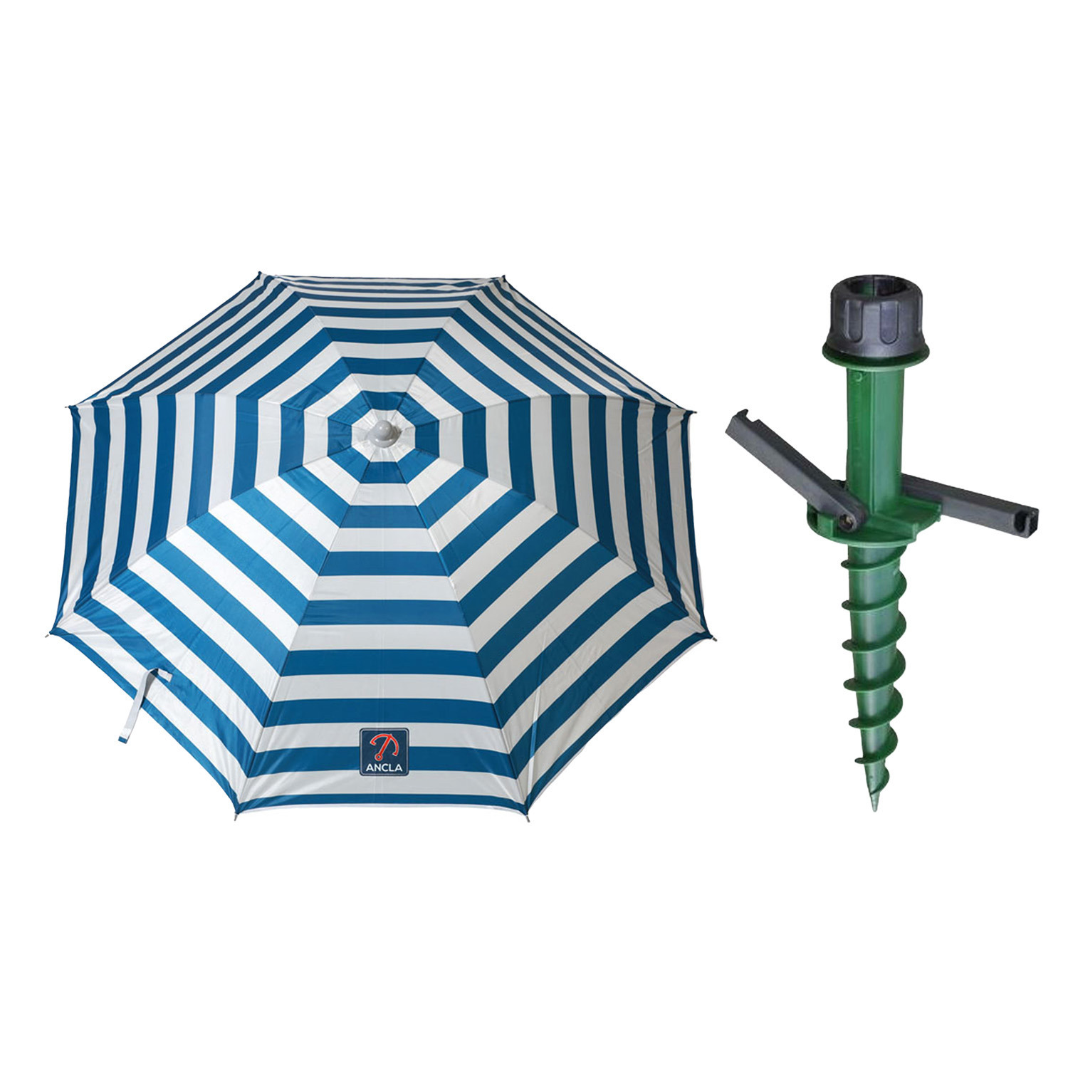 Merkloos Parasol met dikke grondharing - blauw/wit mix - polyester - Dia 220 cm - voor het strand - Zomers -