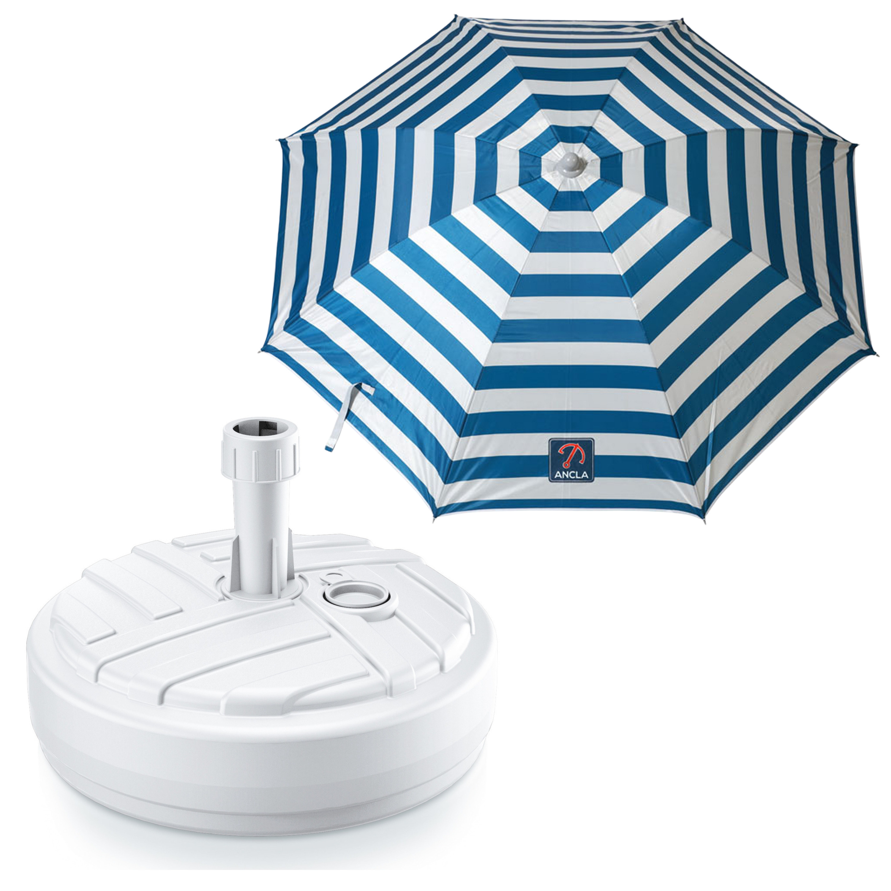 Merkloos Tuin parasol met voet van 10 liter - blauw/wit strepen - polyester/kunststof - Dia 180 cm -