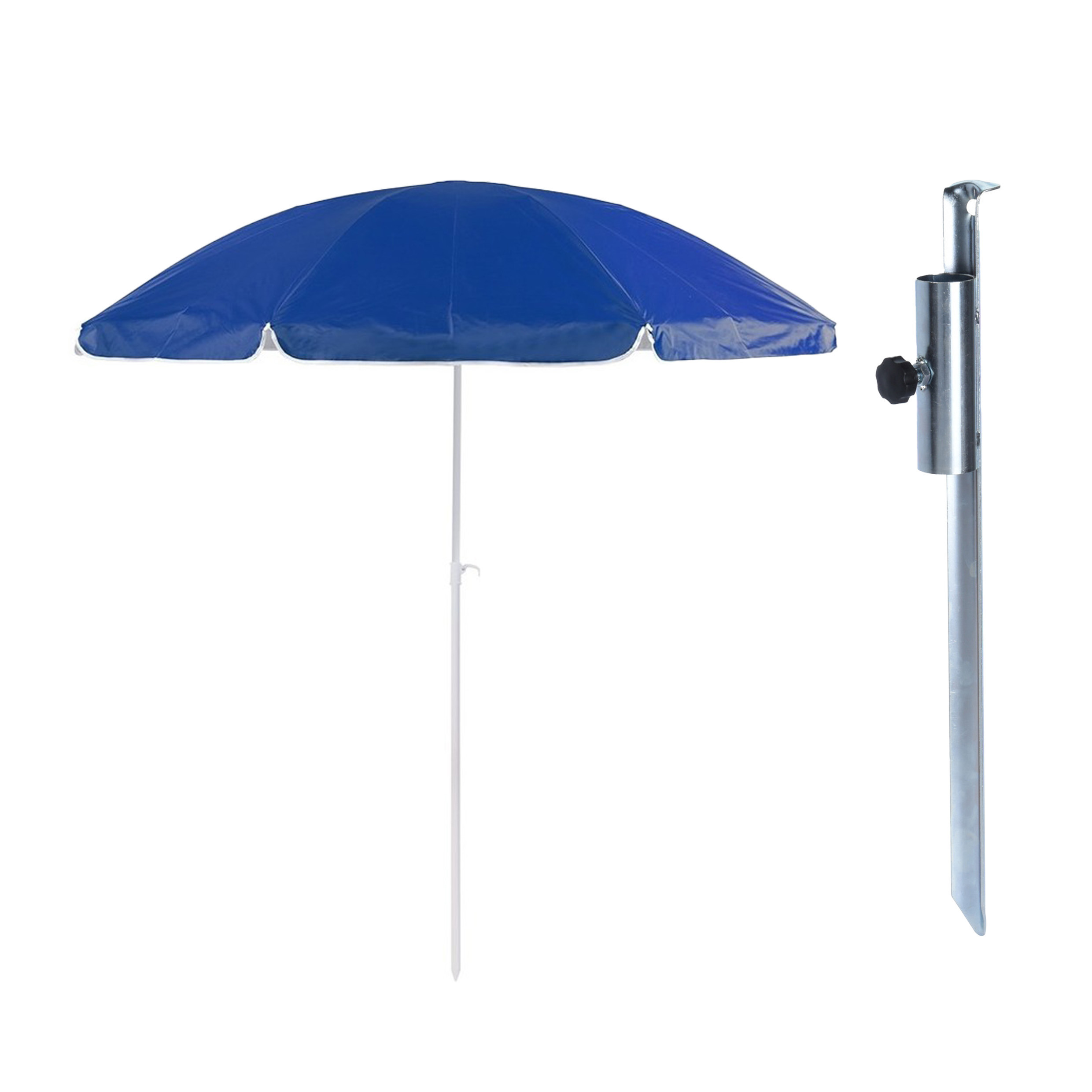 Merkloos Parasol met metalen grondharing - blauw - polyester - Dia 200 cm - verstelbaar -