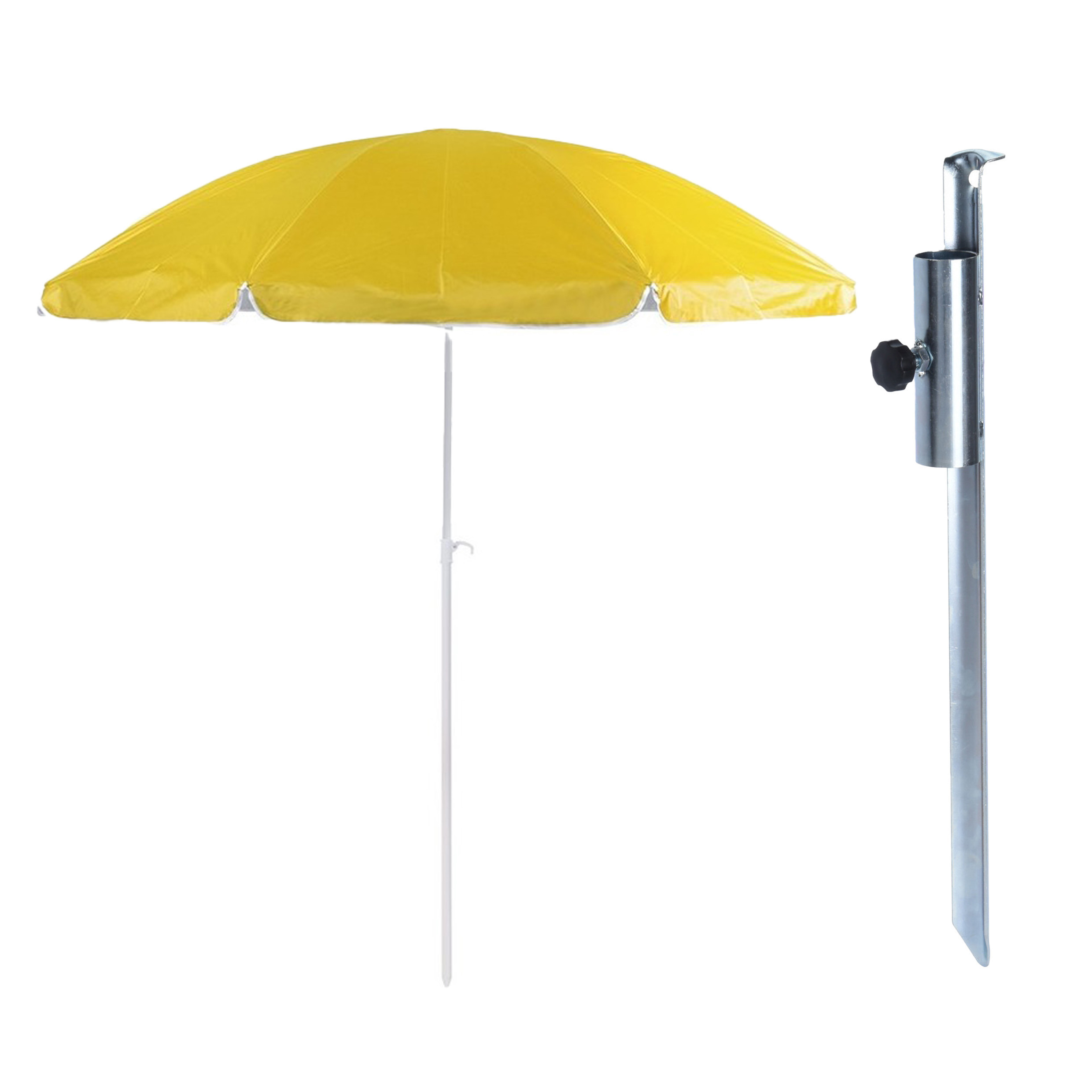 Merkloos Parasol met metalen grondharing - geel - polyester - Dia 200 cm - verstelbaar -