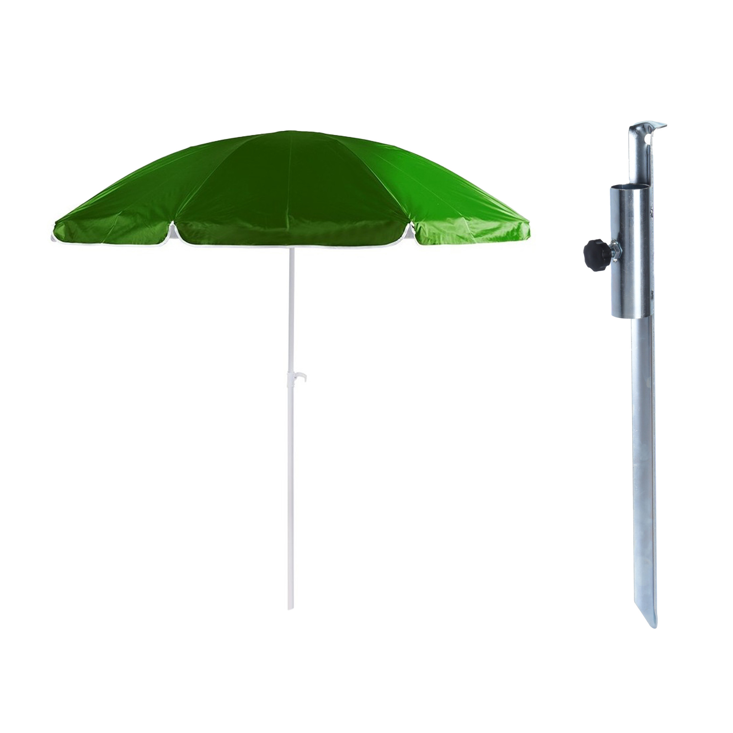 Merkloos Parasol met metalen grondharing - groen - polyester - Dia 200 cm - verstelbaar -
