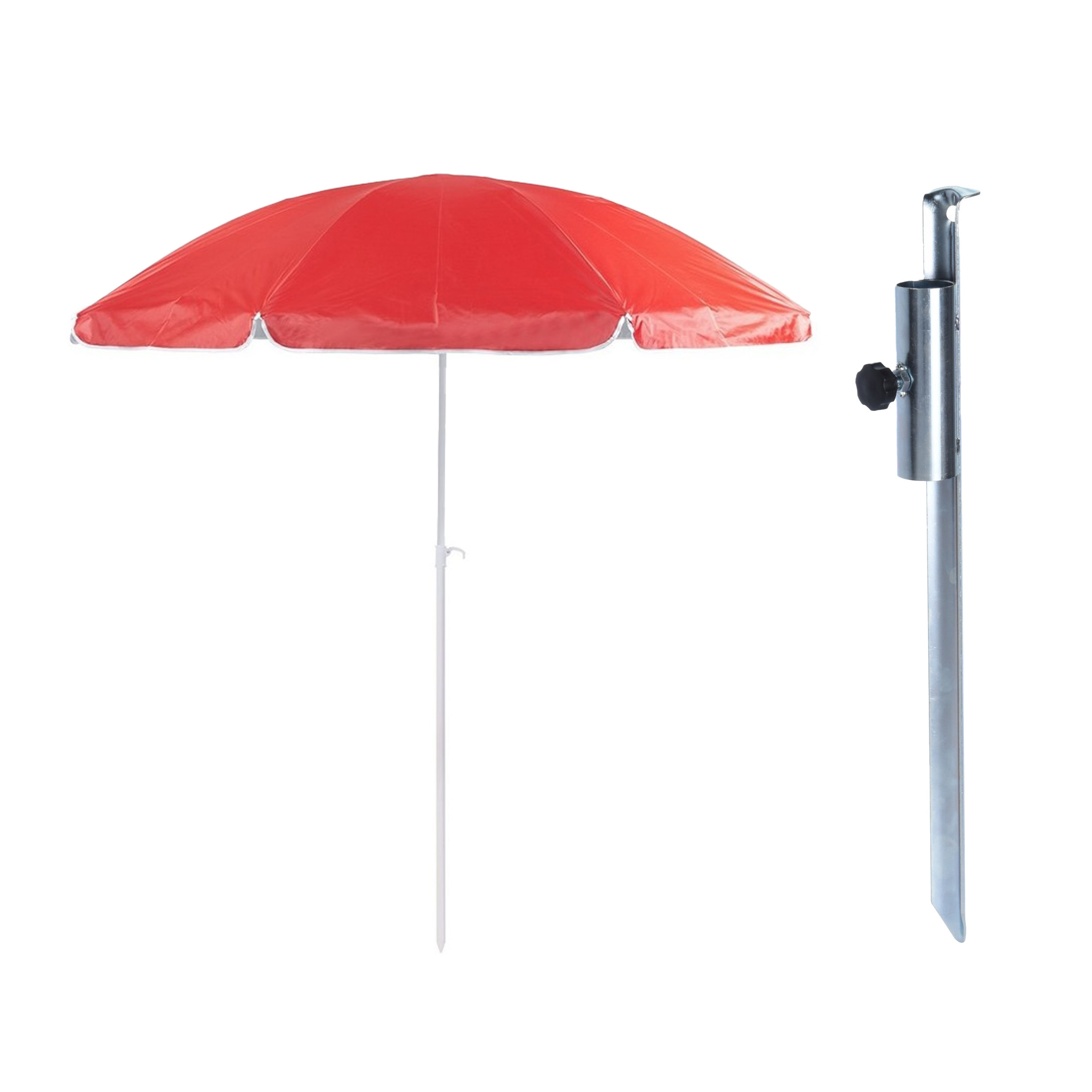 Merkloos Parasol met metalen grondharing - rood - polyester - Dia 200 cm - verstelbaar -