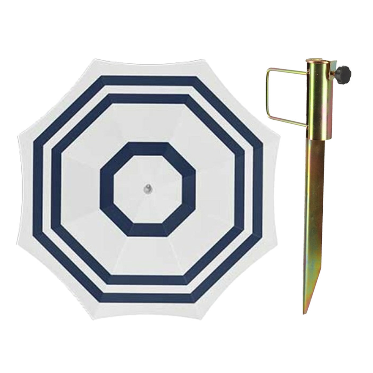 Merkloos Parasol met metalen grondharing - wit/blauw strepen - polyester - Dia 200 cm - verstelbaar -
