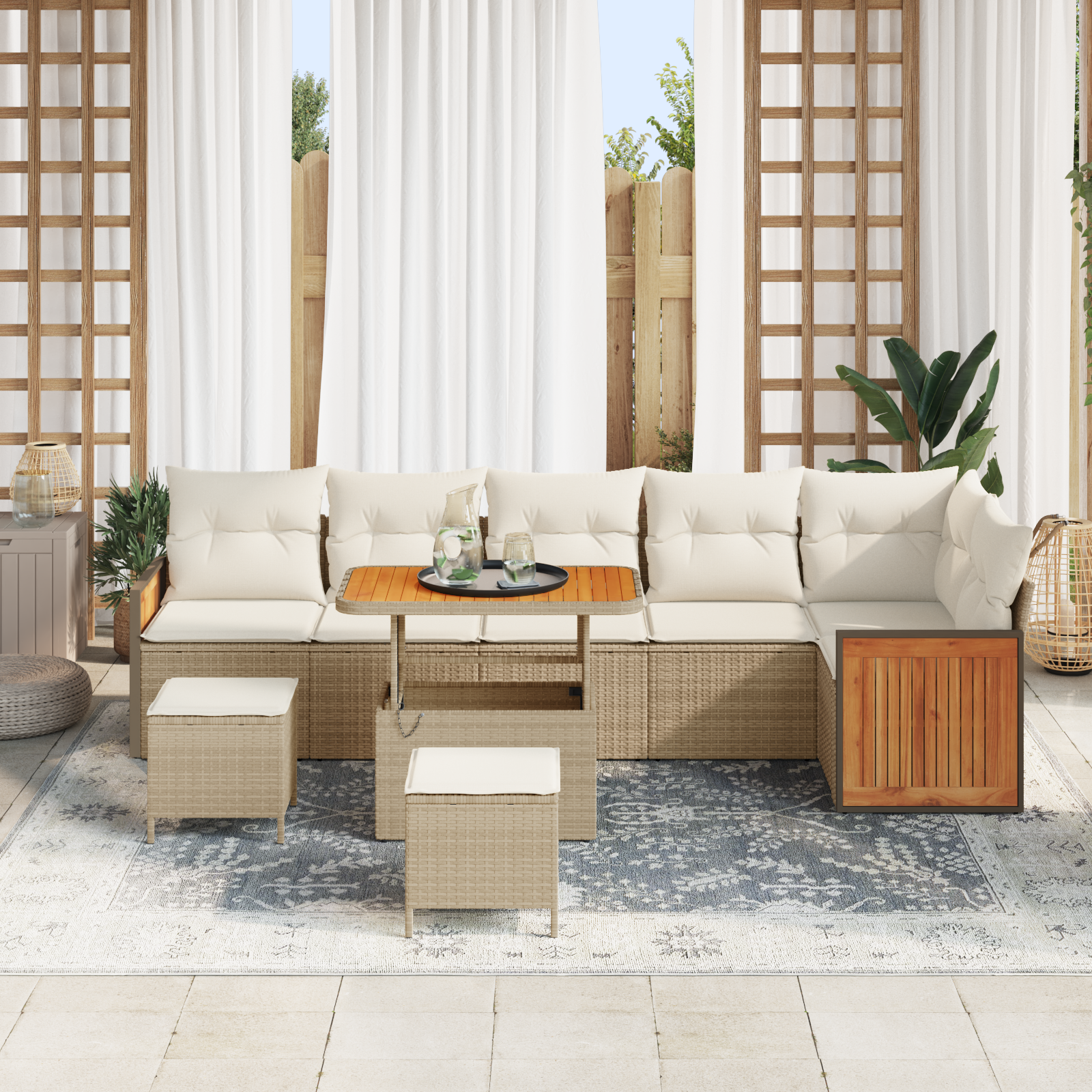 vidaXL 9-delige Tuinbankenset met kussens poly rattan acacia beige