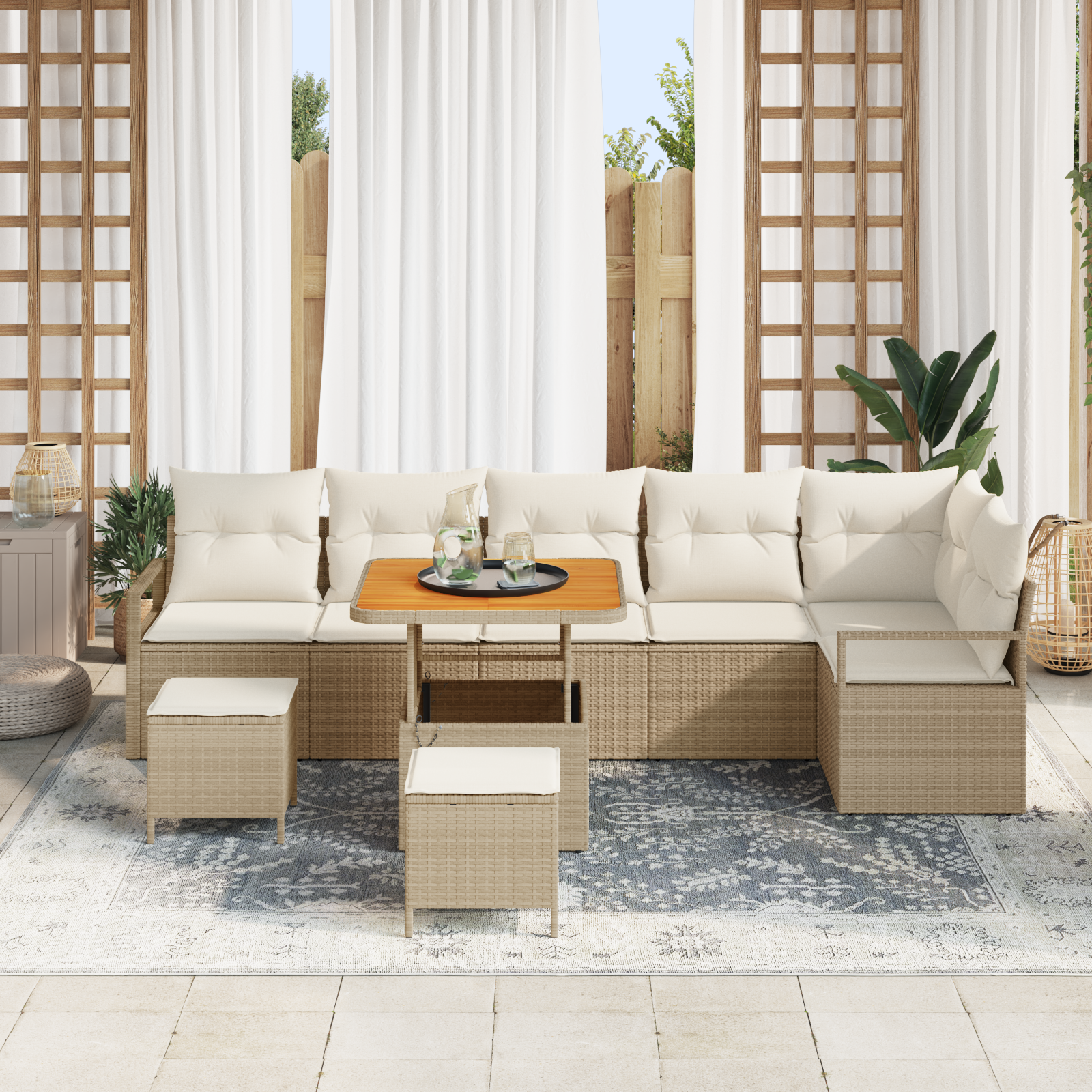 vidaXL 9-delige tuinbankerset met kussens in beige van poly rattan en acacia