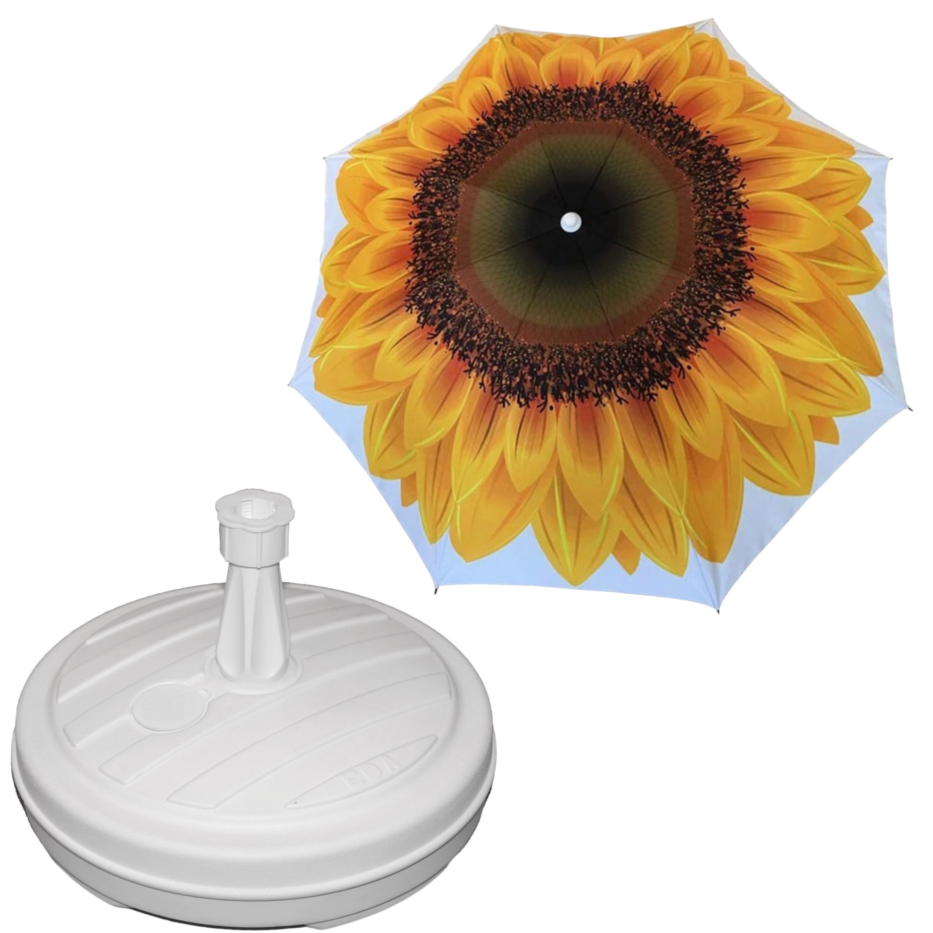 Merkloos Tuin parasol Zonnebloem - met vulbare parasolvoet in wit - doek geel - D180 cm - polyester -