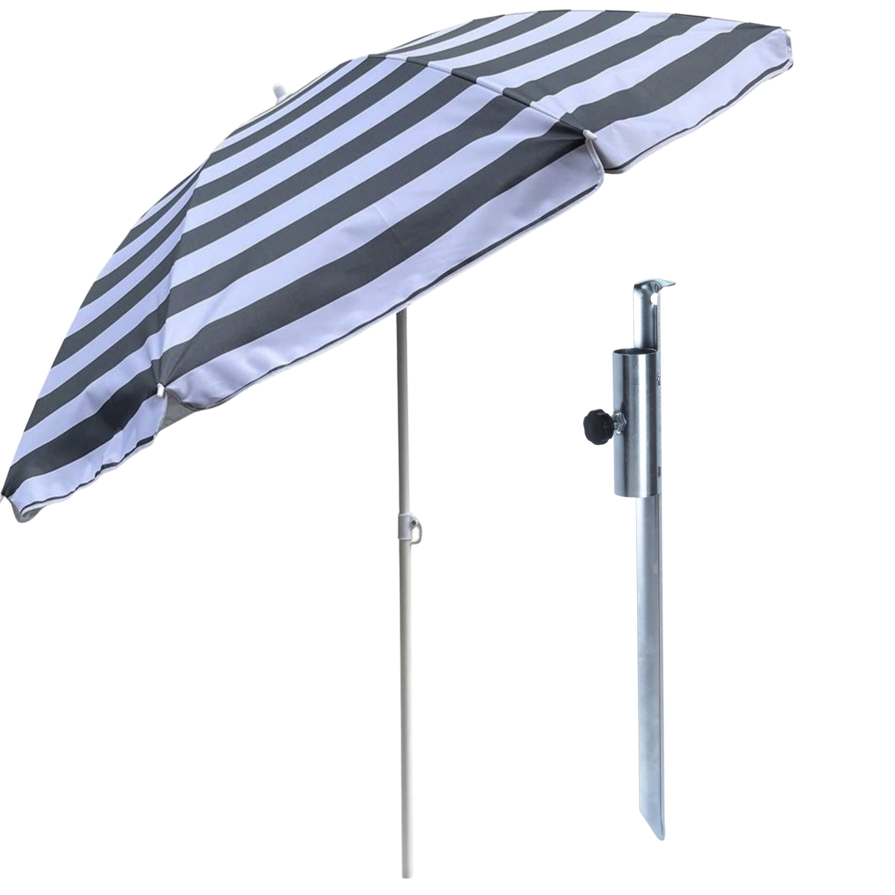 Outdoor Strand / tuin / camping parasol - met metalen grondharing - grijs/wit - D180 cm - verstelbaar -