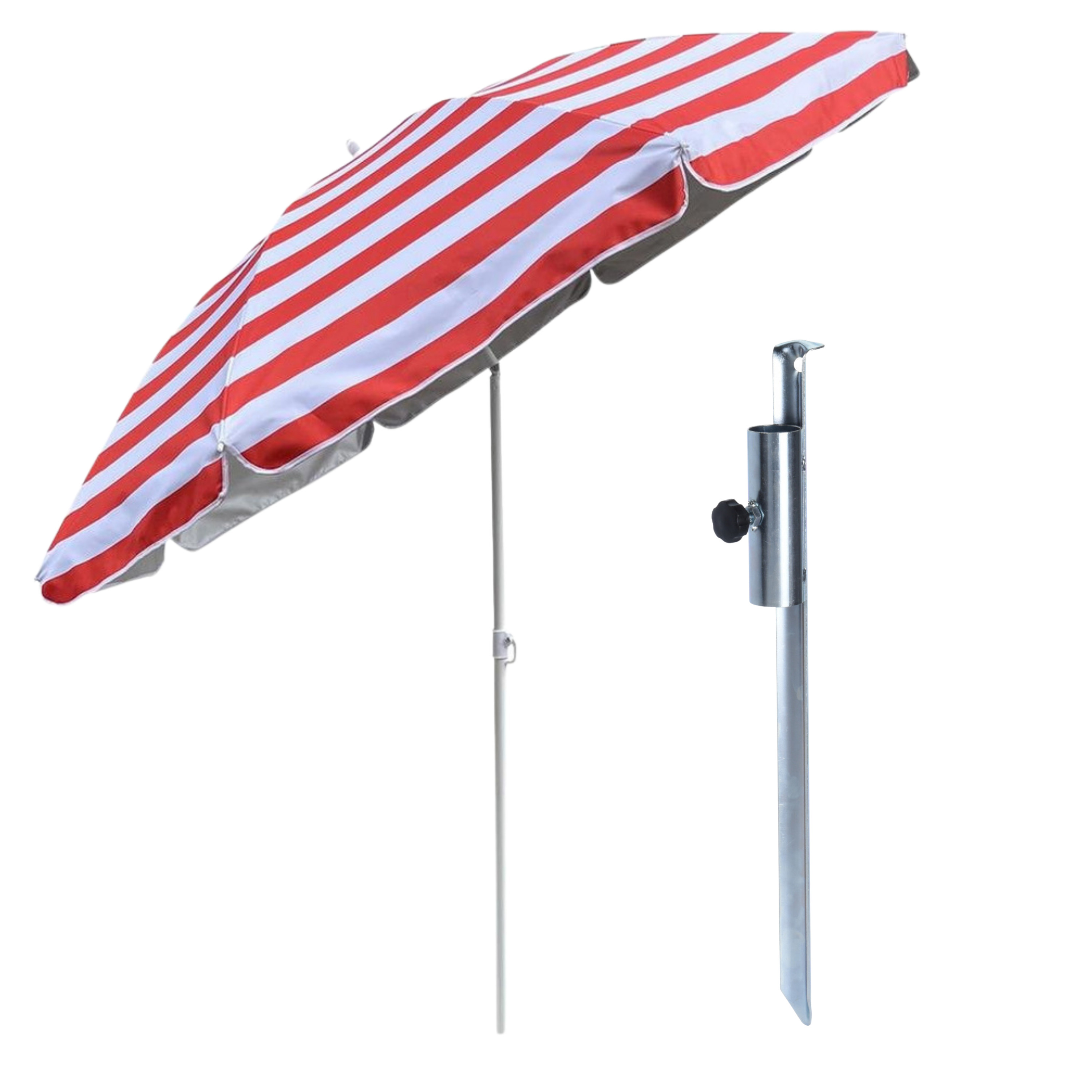 Outdoor Strand / tuin / camping parasol - met metalen grondharing - rood/wit - D180 cm - verstelbaar -