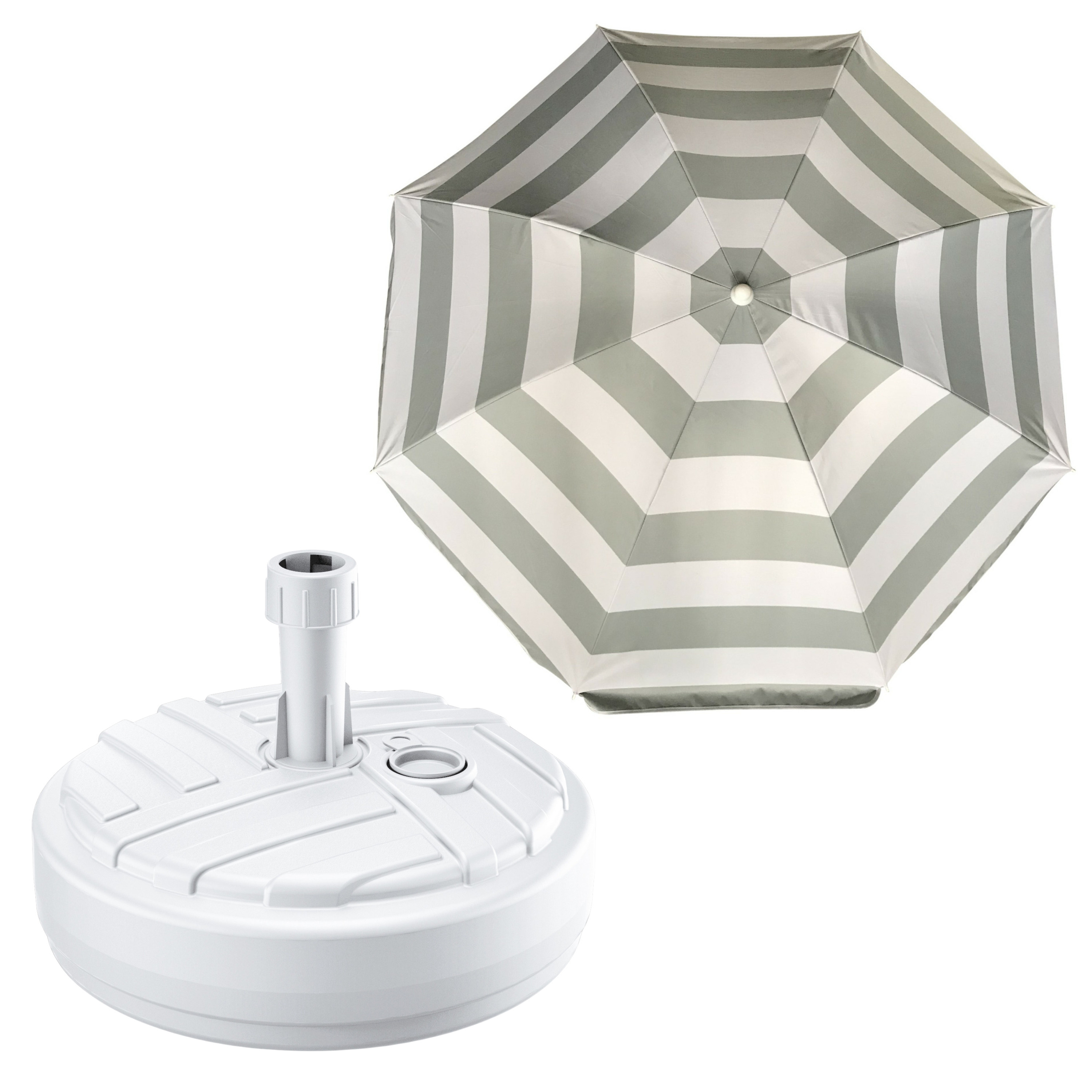 Merkloos Tuin parasol met voet van 10 liter - zilvergrijs/wit strepen - polyester/kunststof - Dia 180 cm -