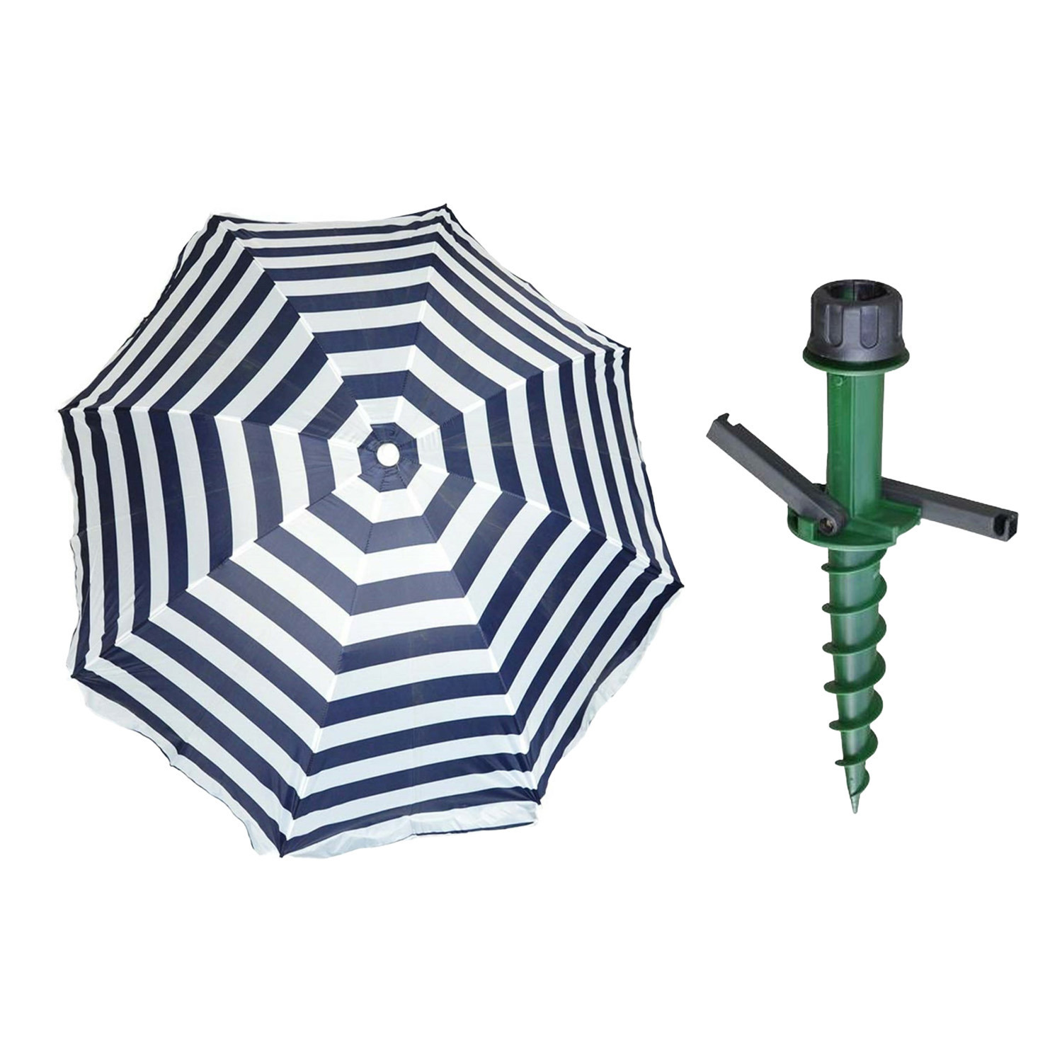 Merkloos Parasol met dikke grondharing - blauw/wit mix - polyester - Dia 199 cm - voor het strand - Zomers -
