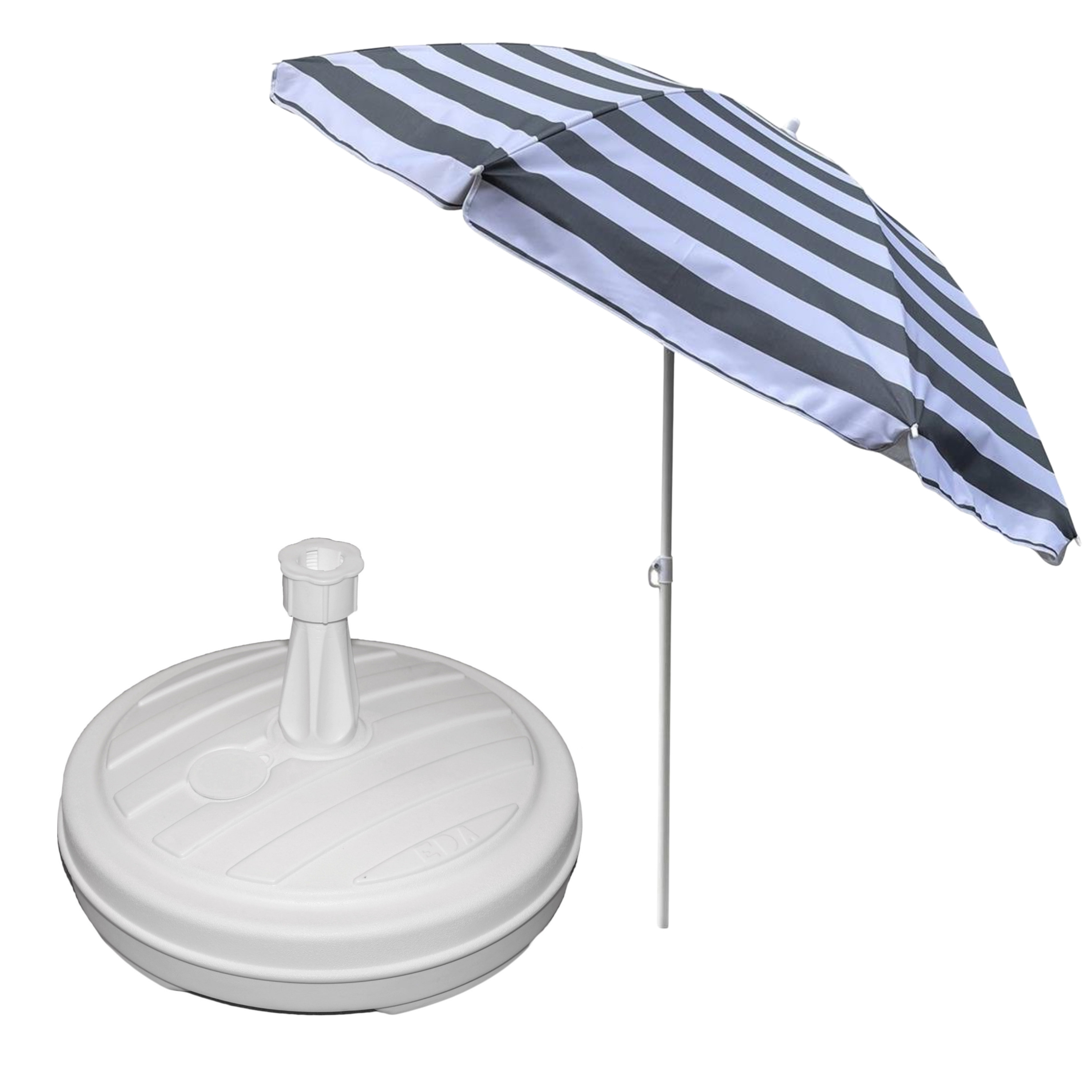 Merkloos Tuin parasol - met vulbare parasolvoet in wit - doek grijs/wit gestreept - D180 cm - polyester -