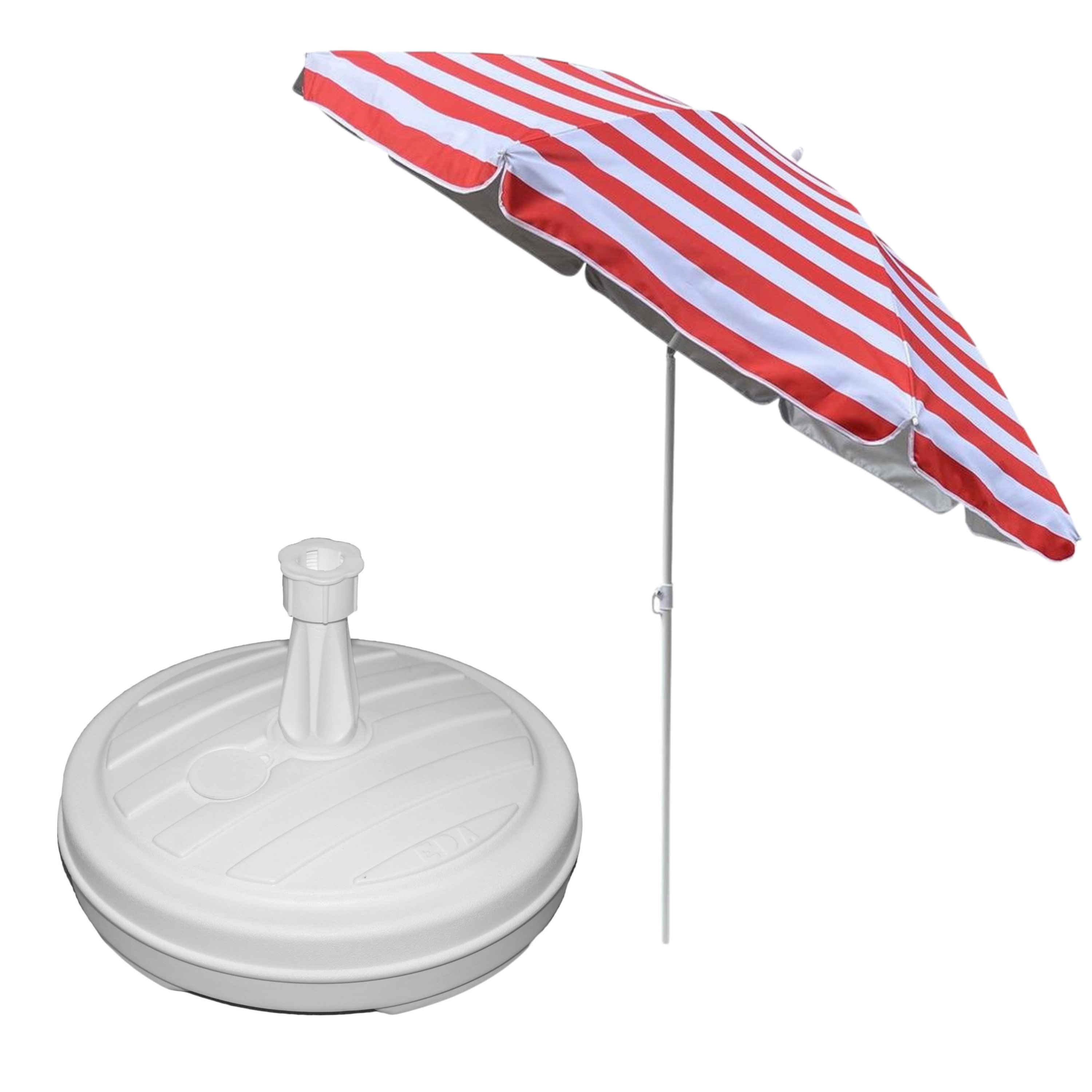 Merkloos Tuin parasol - met vulbare parasolvoet in wit - doek rood/wit gestreept - D180 cm - polyester -