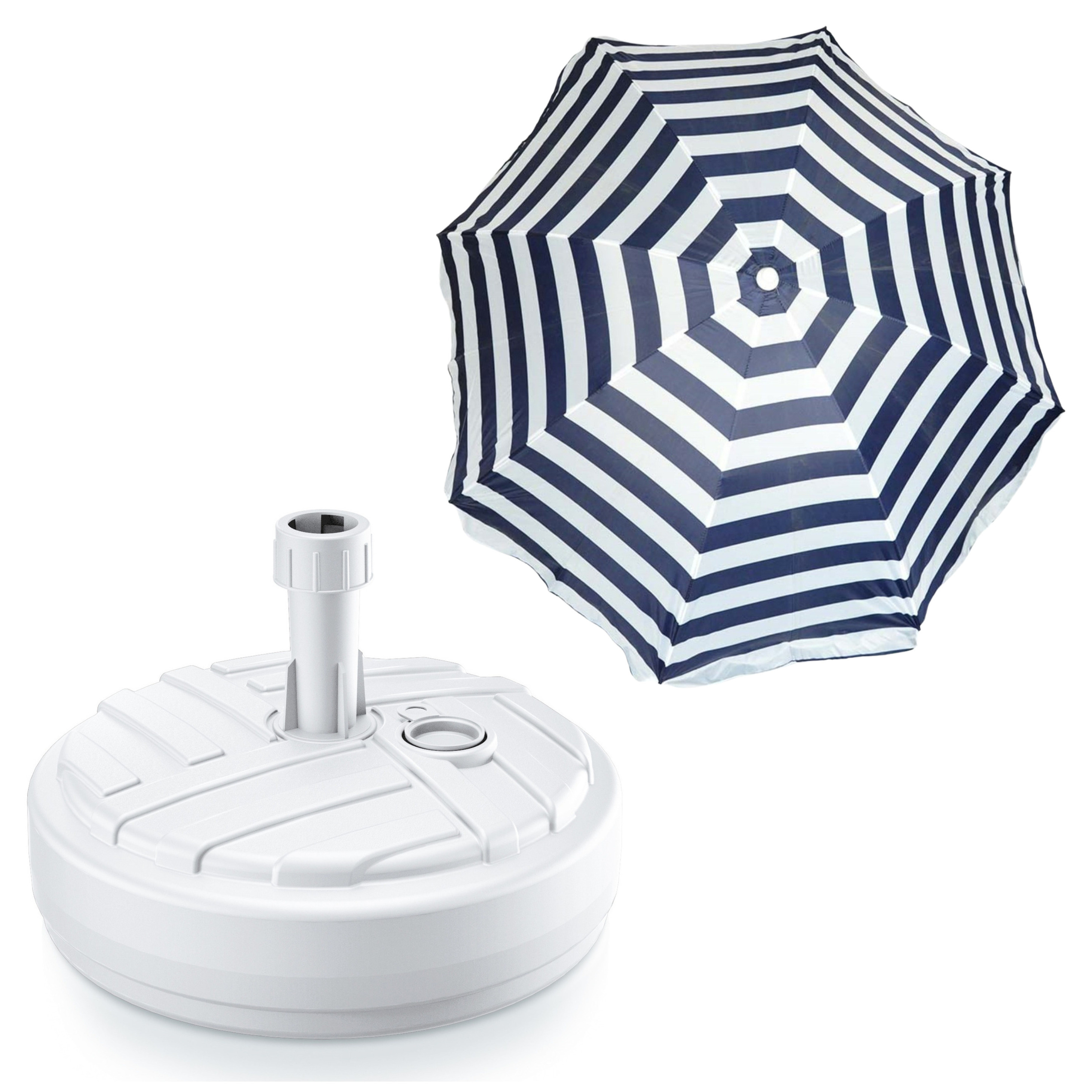 Merkloos Tuin parasol met voet van 10 liter - blauw/wit strepen - polyester/kunststof - Dia 200 cm -