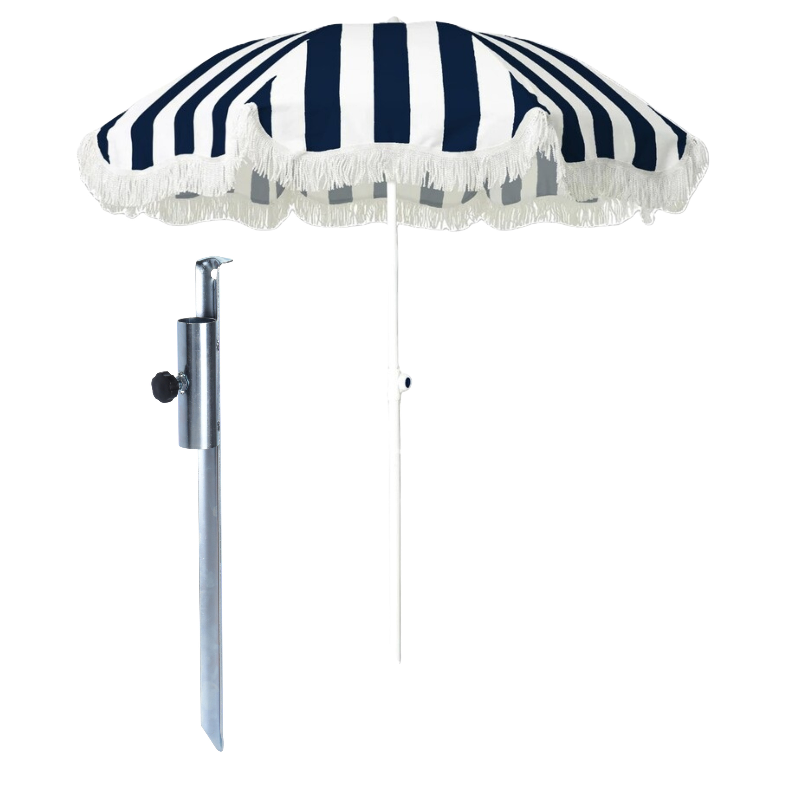 Outdoor Strand / tuin / camping parasol - met metalen grondharing - blauw/wit - D180 cm - verstelbaar -