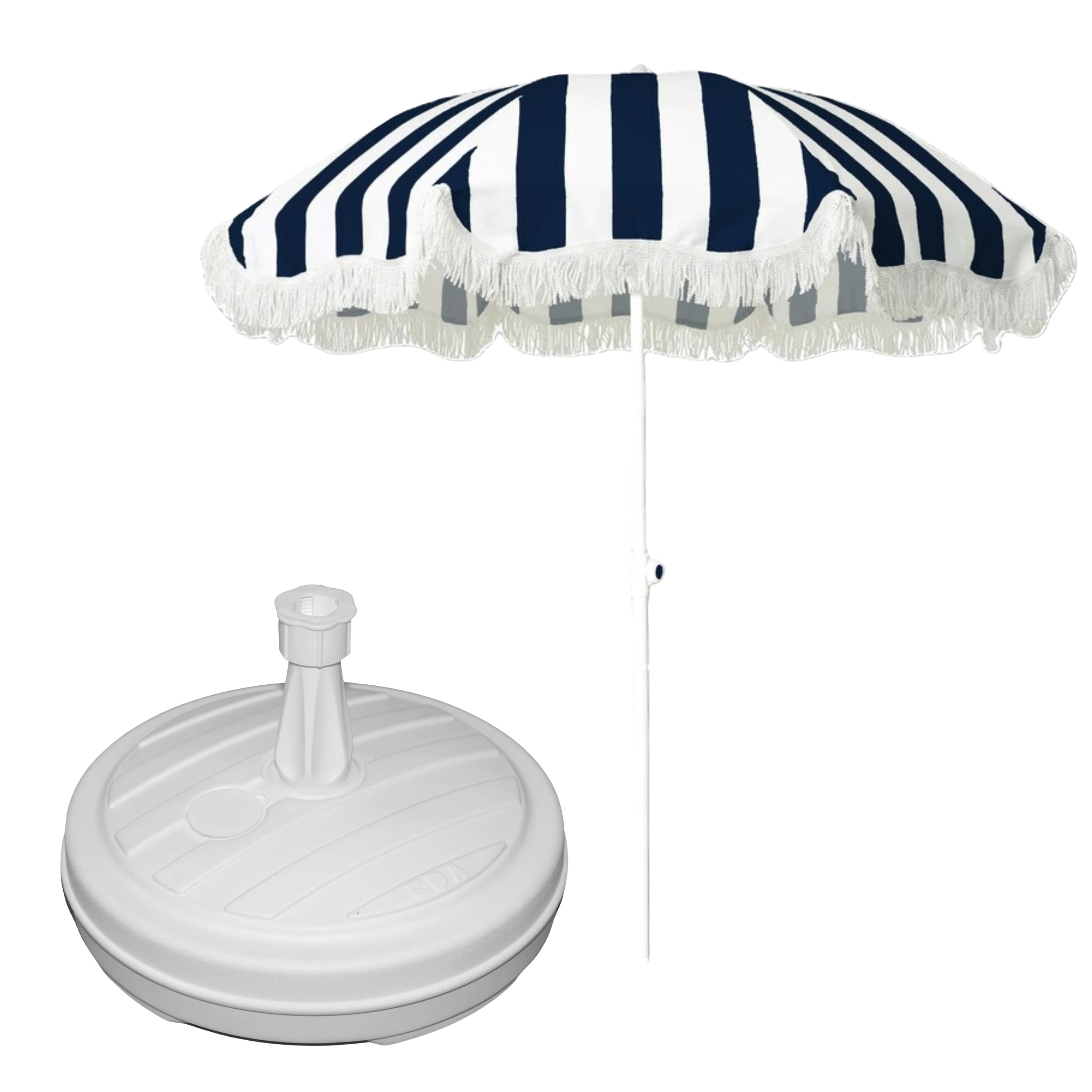 Merkloos Tuin parasol - met vulbare parasolvoet in wit - doek blauw/wit gestreept - D180 cm - polyester -