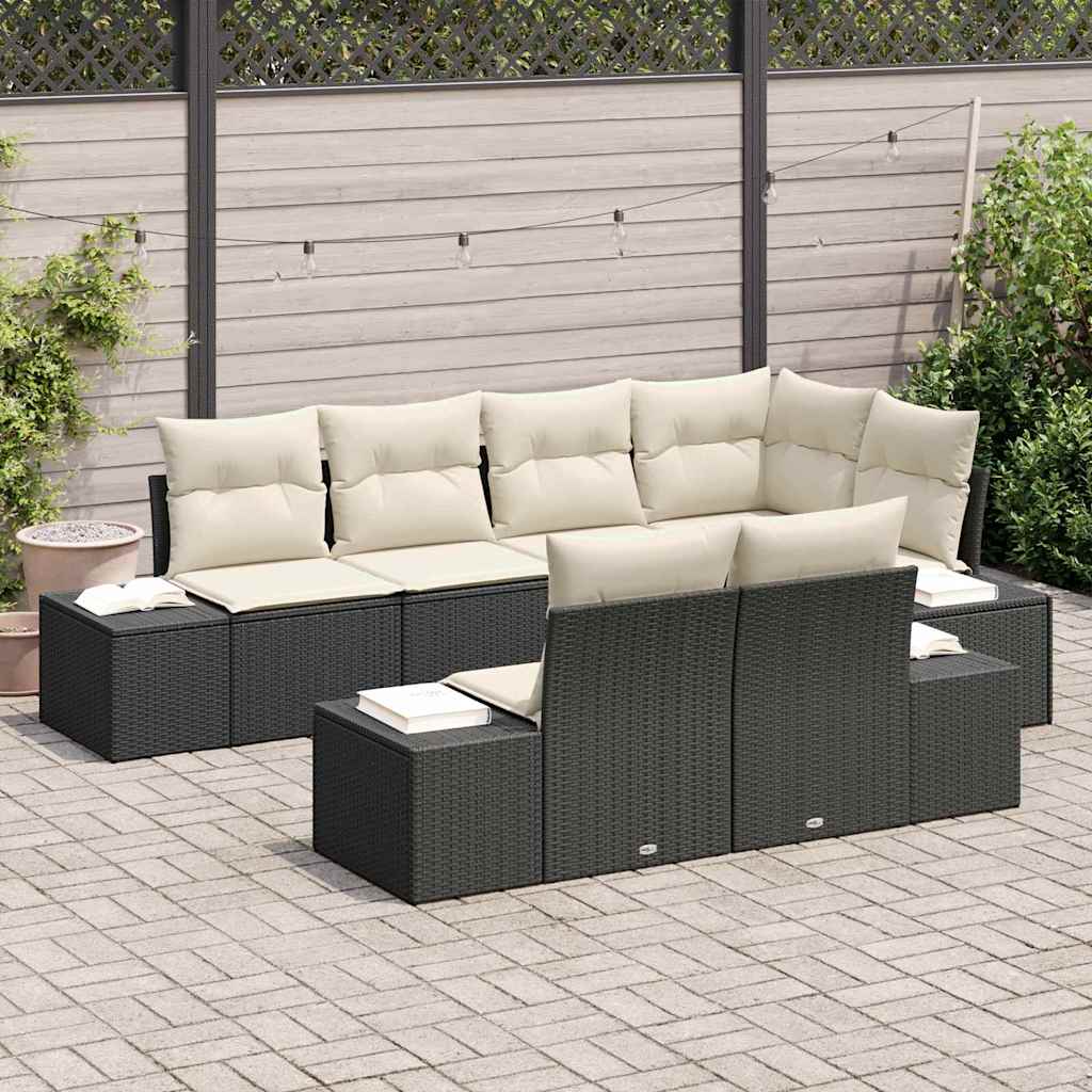 vidaXL 7-delige Tuinbankenset met kussens poly rattan zwart
