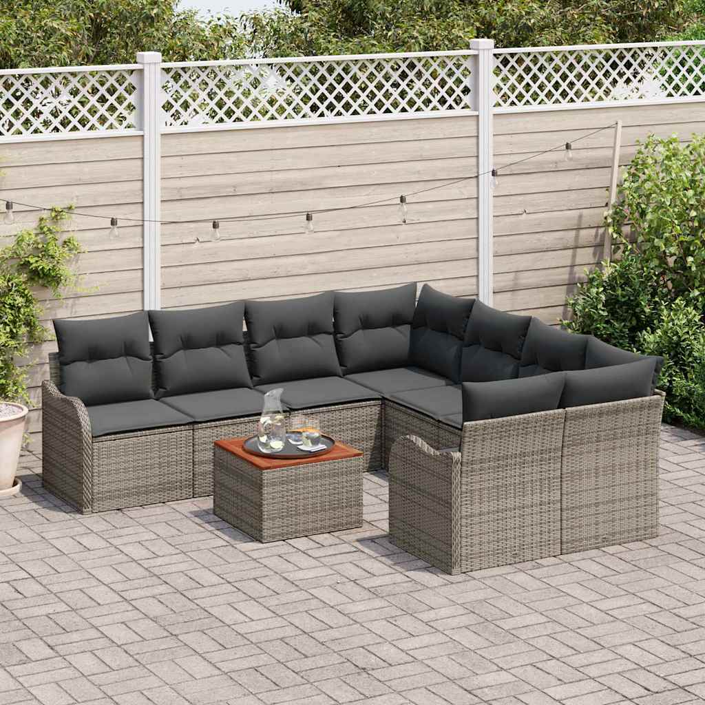 vidaXL 9-delige tuinset met kussens in het grijs, van poly rattan en acaciahout