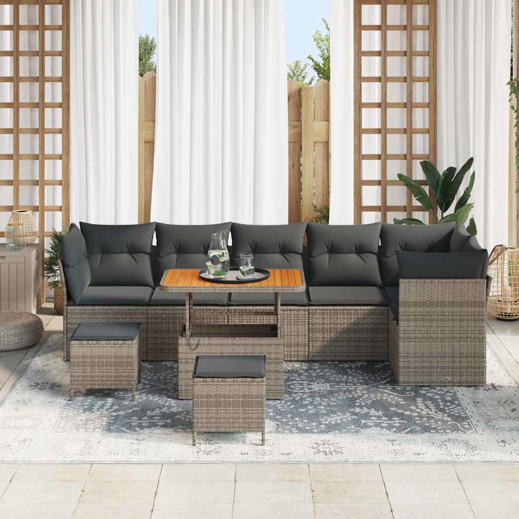 vidaXL 9-Delige Tuinset met Kussens - Grijs Poly Rattan en Acacia