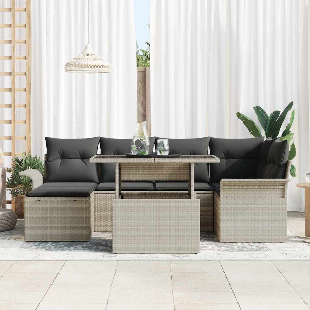 vidaXL 7-delige tuinbankset met kussens in lichtgrijs poly rattan