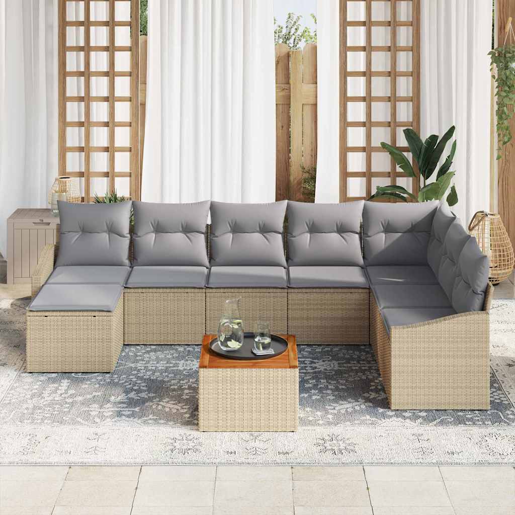 vidaXL 9-delige tuinsofa set met kussens in beige poly rattan en acacia