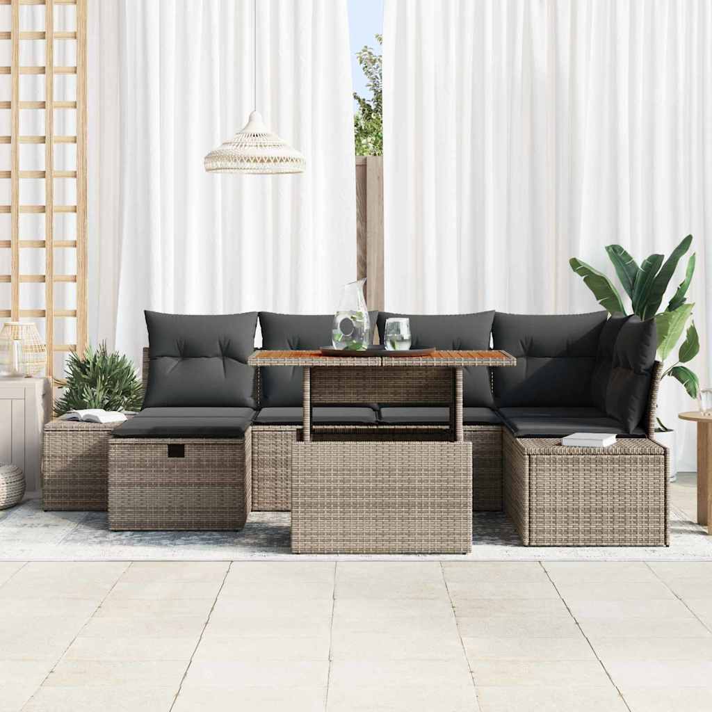 vidaXL 7-delige tuinset met kussens in grijs, van poly rattan en acacia.