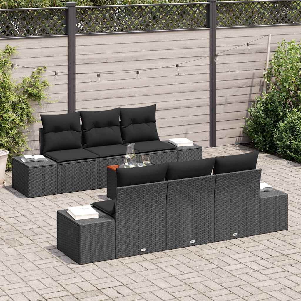 vidaXL 7-delige tuinset met kussens - zwart poly riet en acacia