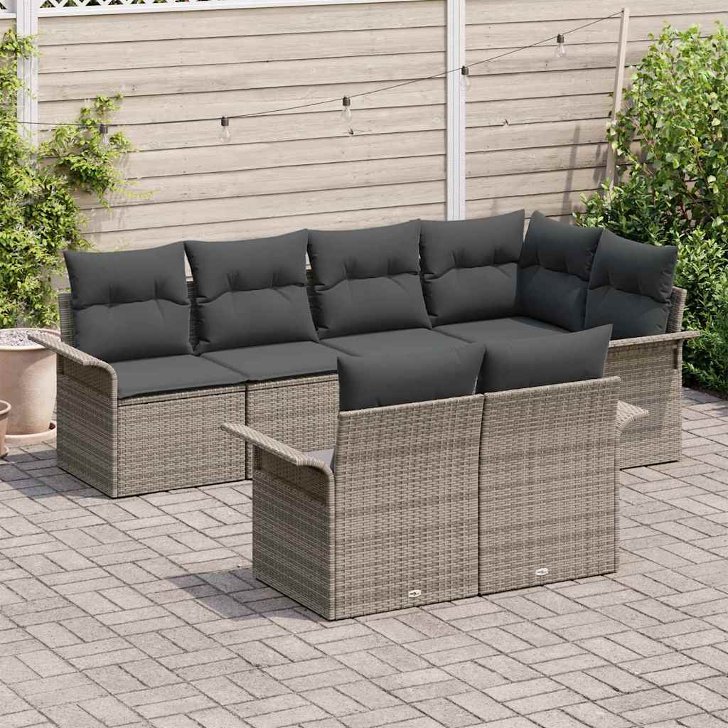 vidaXL 7-delige Tuinbankenset met kussens poly rattan grijs