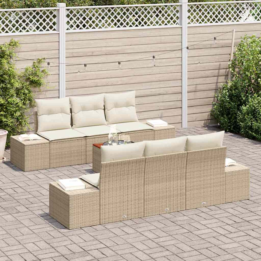 vidaXL 7-delige tuinsofa set met kussens in beige van poly rattan en acacia