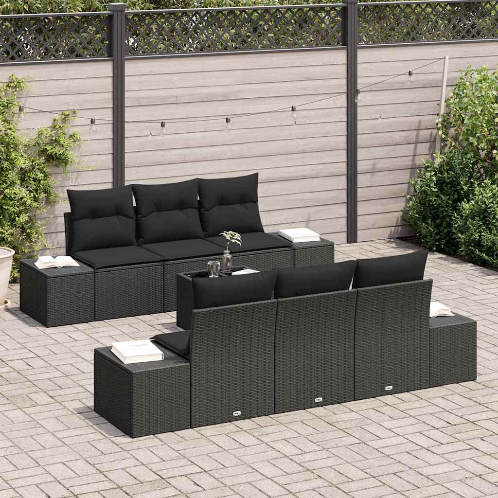 vidaXL 7-delige tuinset met kussens in zwart poly rattan