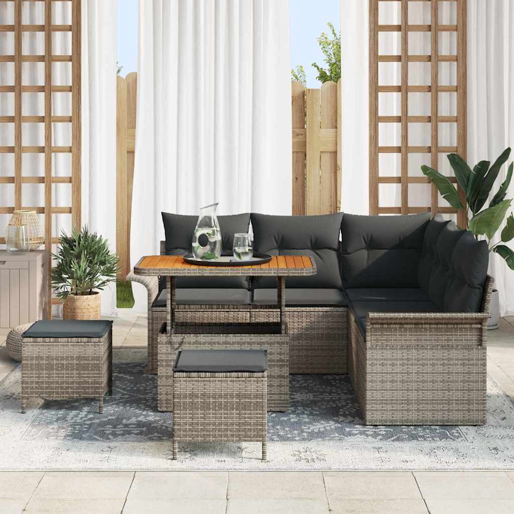 vidaXL 8-delige tuinsalonset met kussens in grijs poly rattan en acacia.