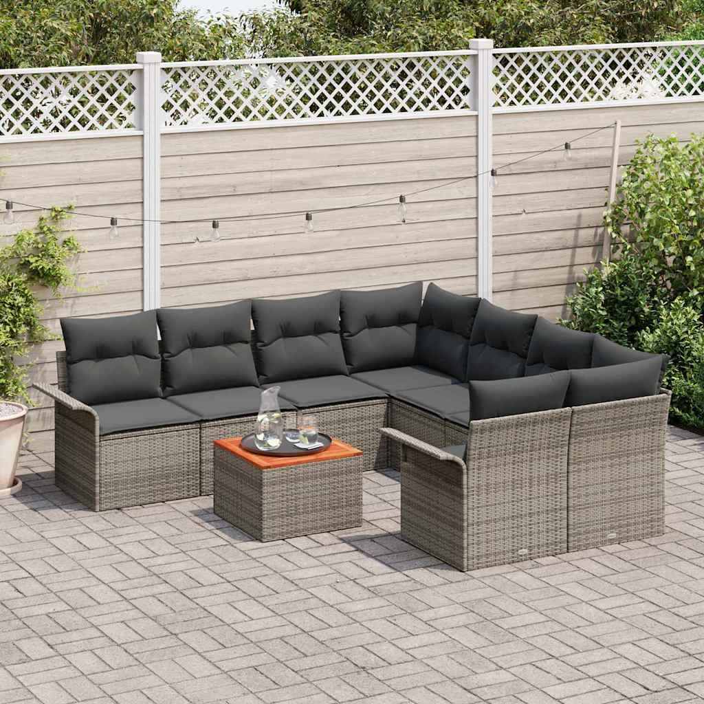 vidaXL 9-delige tuinsofa set met kussens en grijs poly rattan, acacia