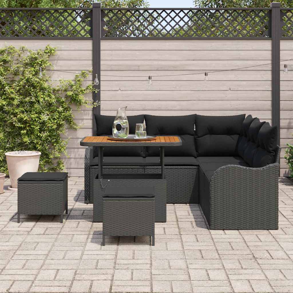 vidaXL 8-delige tuinbankset met kussens in zwart poly rattan en acacia