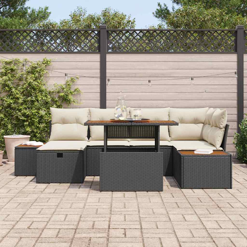 vidaXL 7-delige tuinset met kussens in zwart poly rattan en acacia.