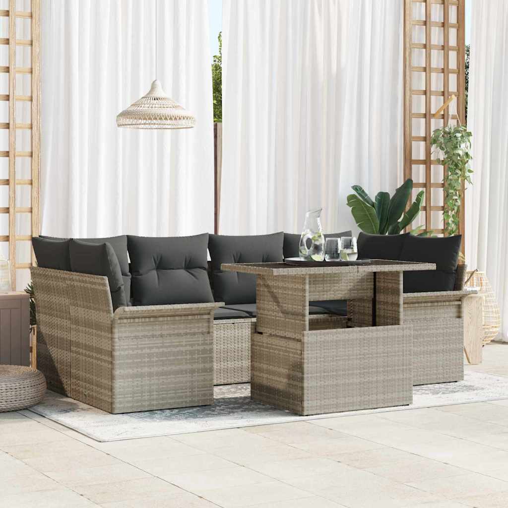 vidaXL 7-delige tuinbank set met kussens lichtgrijs poly rattan