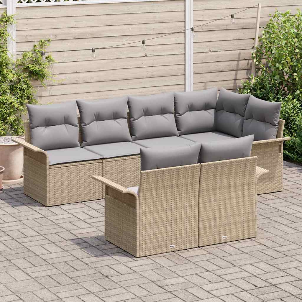 vidaXL 7-delige Tuinbankenset met kussens poly rattan beige