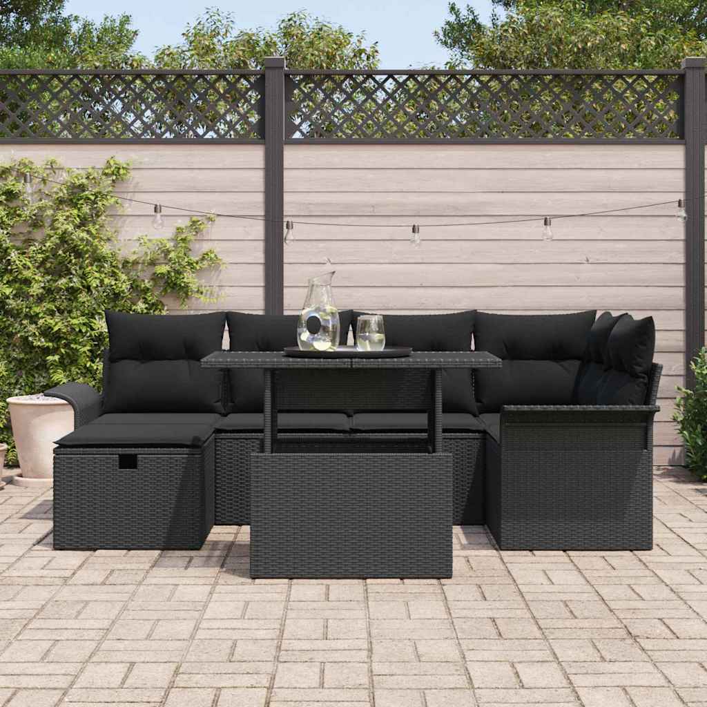 vidaXL 7-delige tuinset met kussens zwart poly rattan