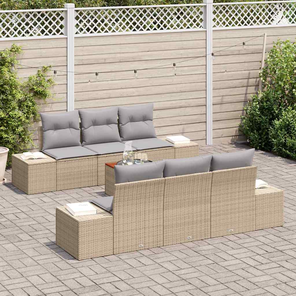 vidaXL 7-delige tuinsofa set met kussens in beige poly rattan en acacia