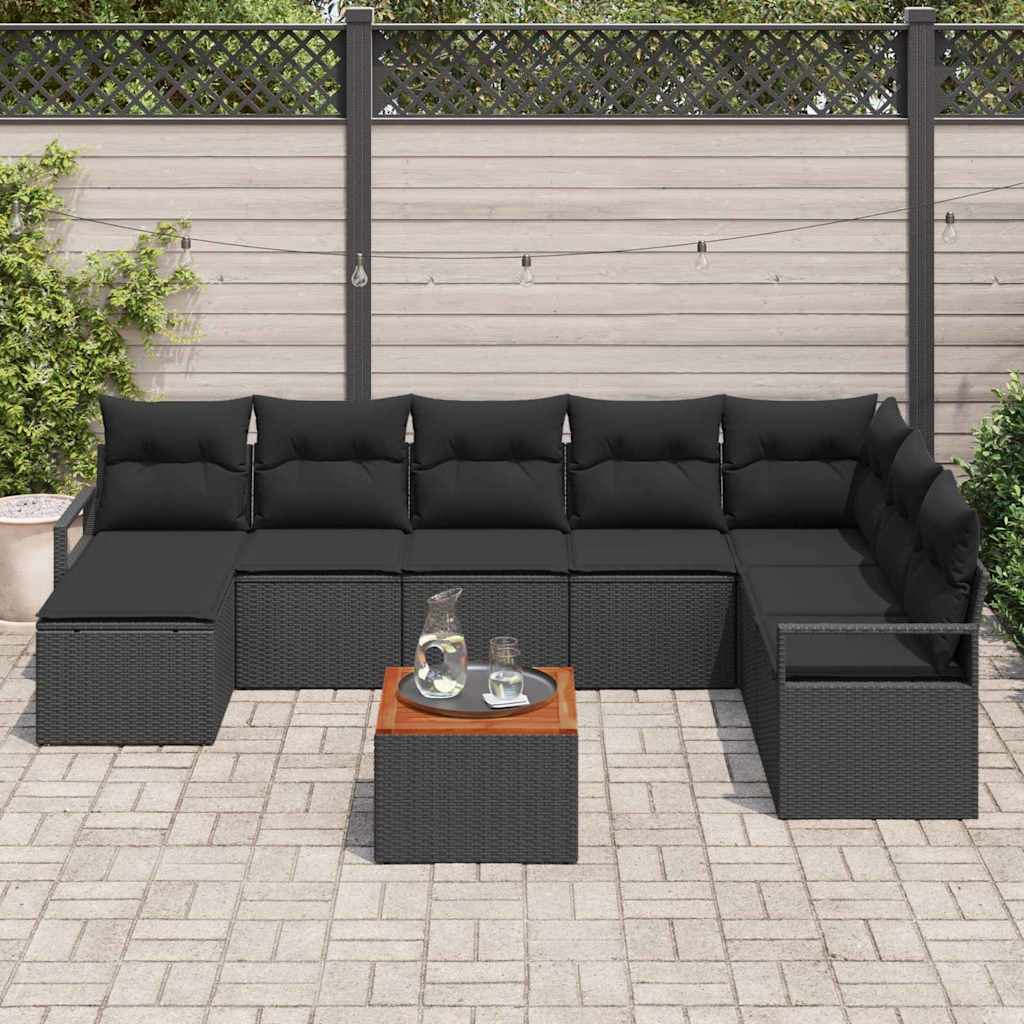 vidaXL 9-delige tuinbankset met kussens in zwart poly rattan en acacia