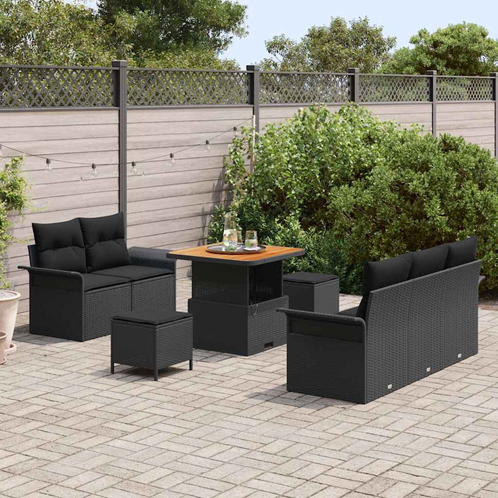 vidaXL 8-Delige Tuinbankset met Kussens - Zwart Poly Rattan en Acacia
