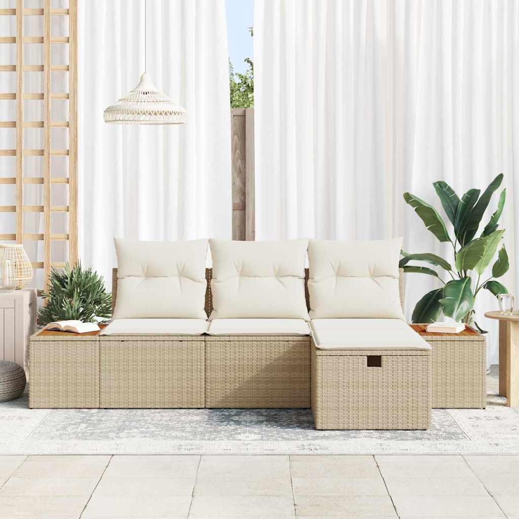 vidaXL 4-delige Tuinbankenset met kussens poly rattan beige