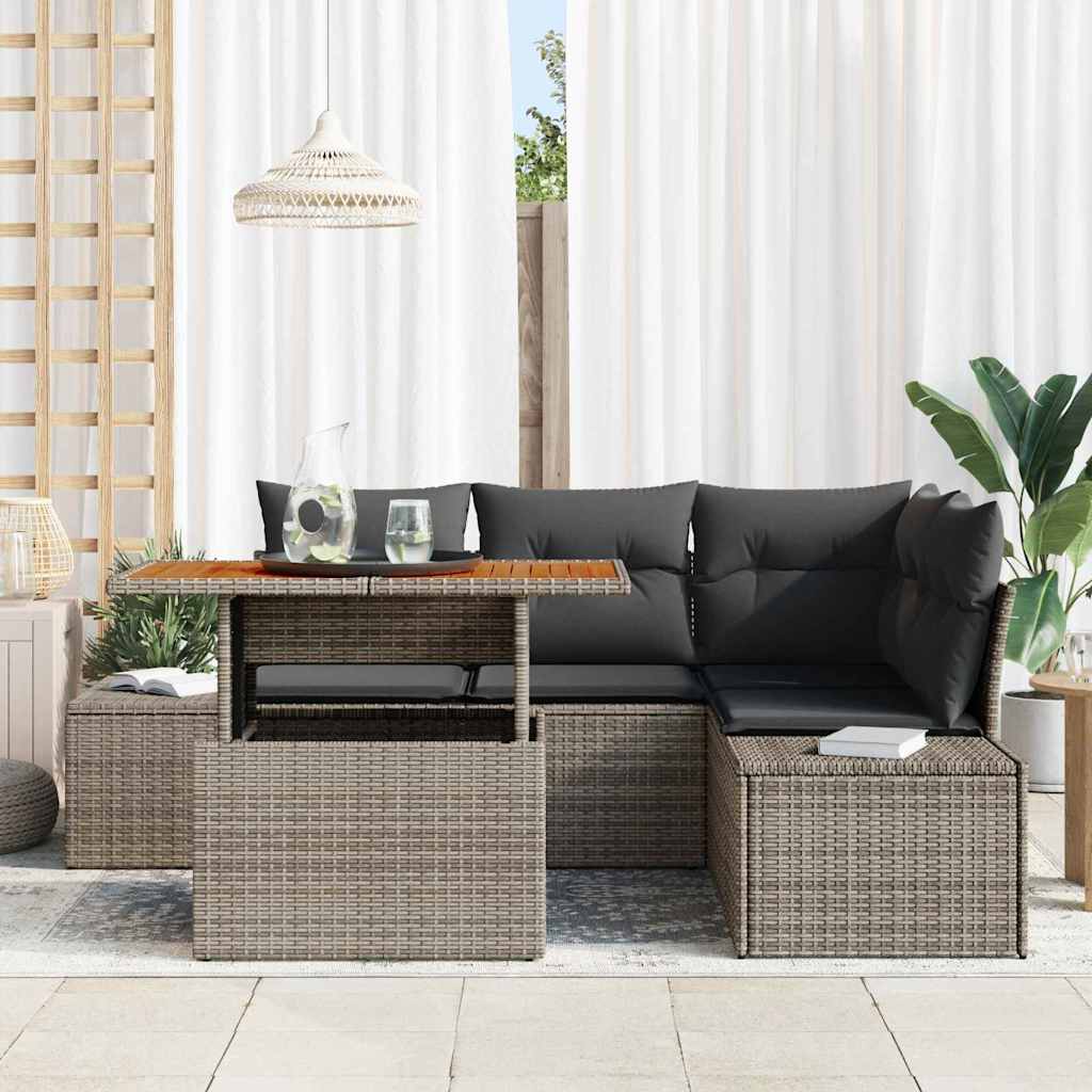 vidaXL 5-delige tuinset met kussens in grijs poly rattan en acacia