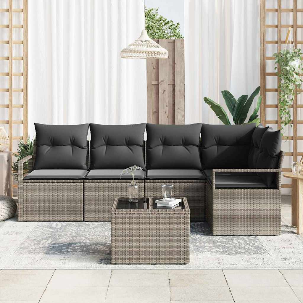 vidaXL 5-delige tuinset met kussens in zwart poly rattan